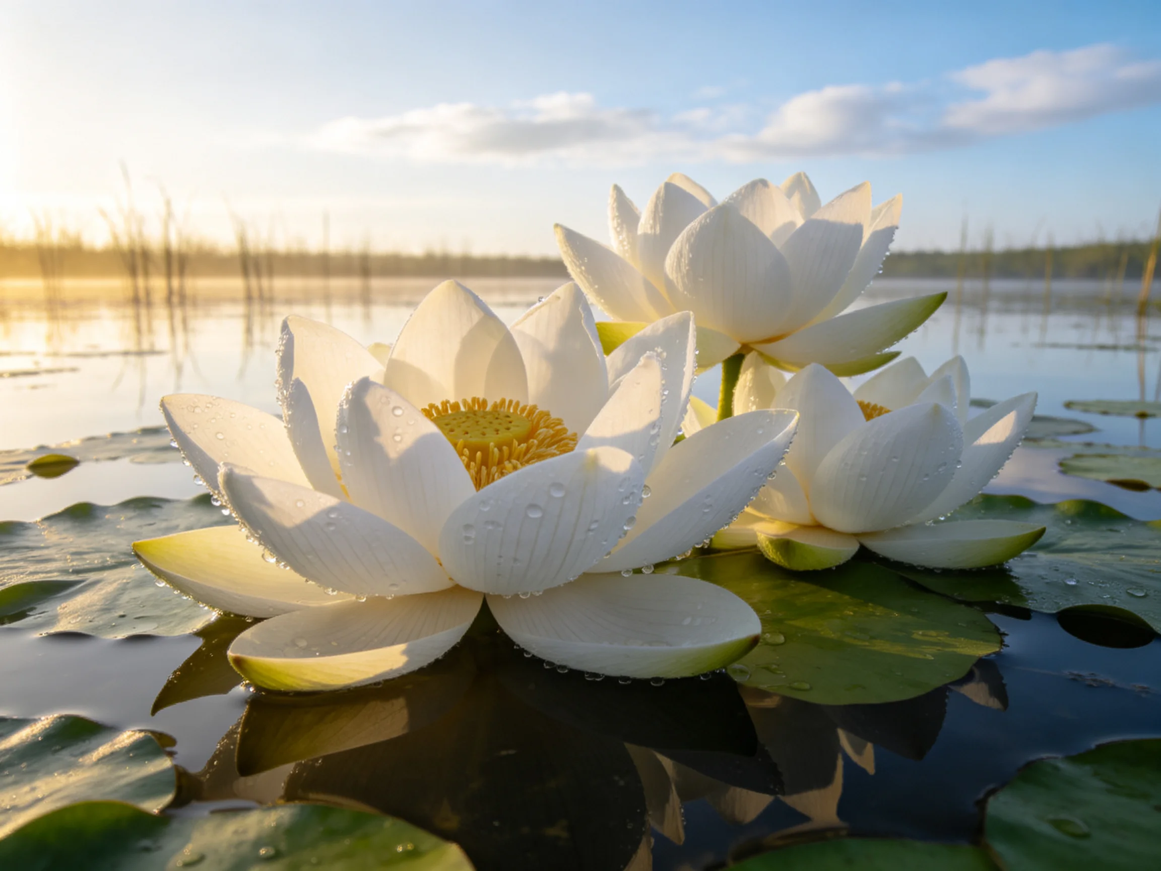 Three white lotuses bloom on green lily pads by a calm lake