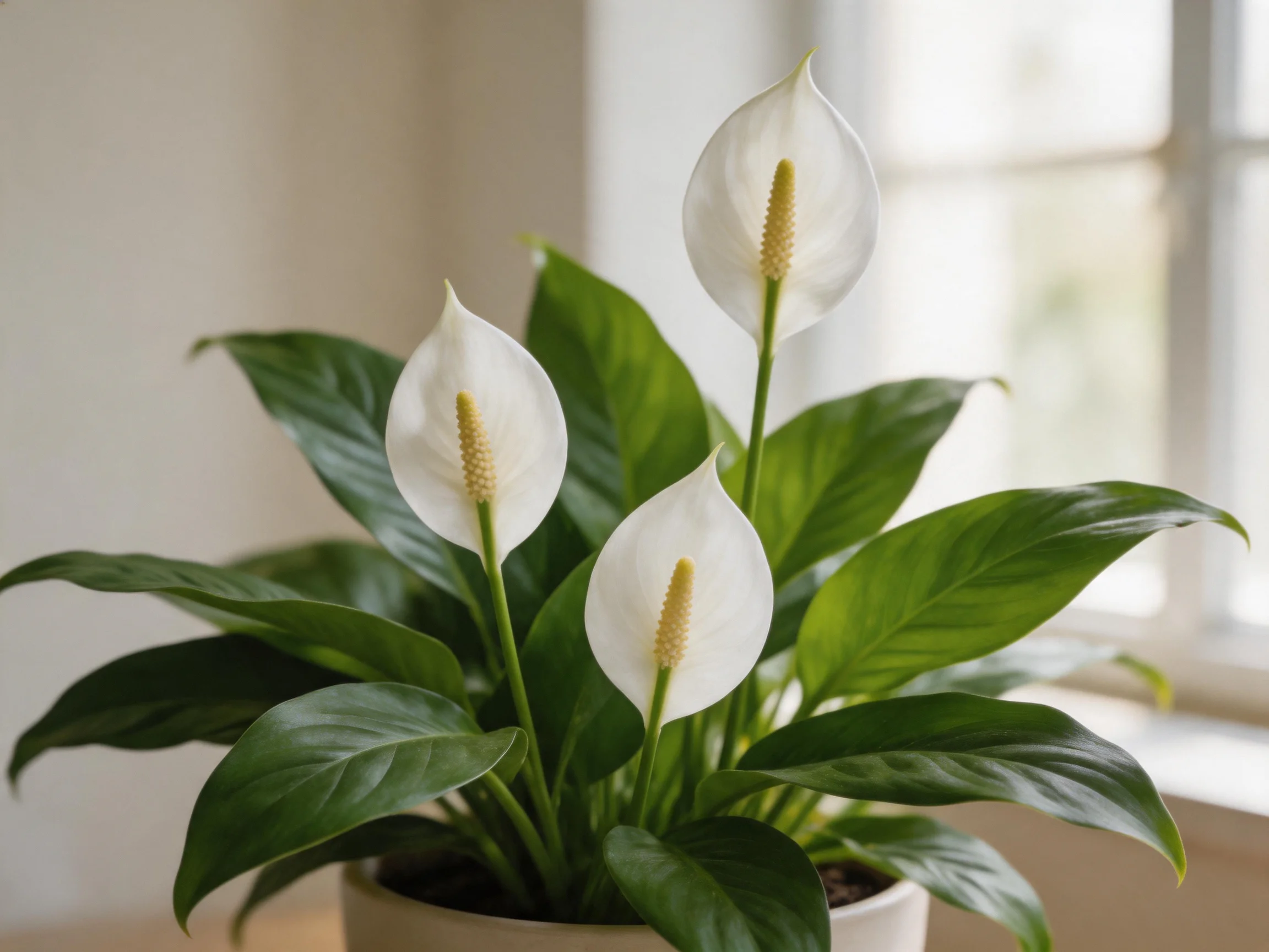 Three white peace lily blooms with glossy green foliage in a pot