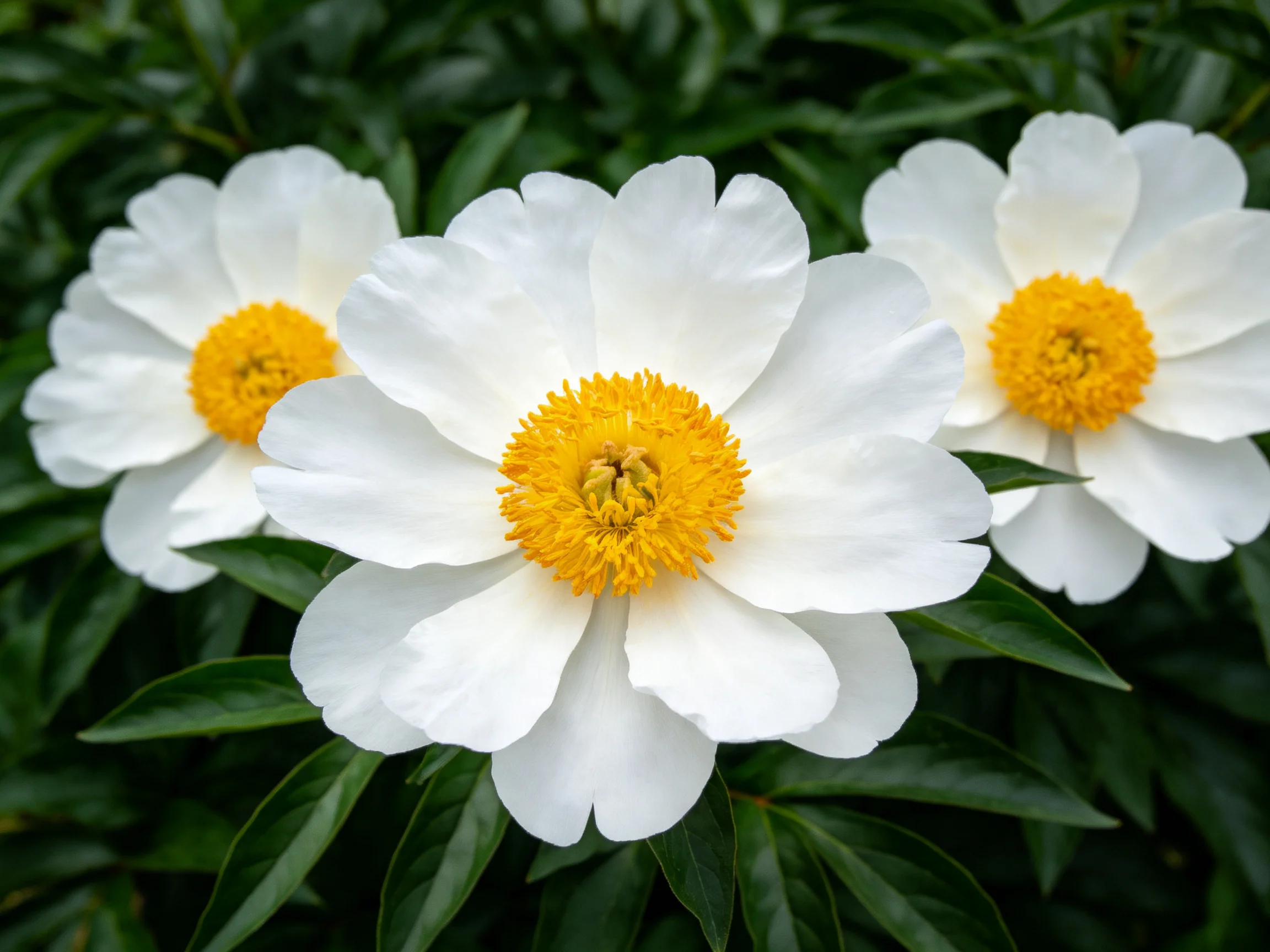 Three white peonies with bright yellow centers among dark green foliage