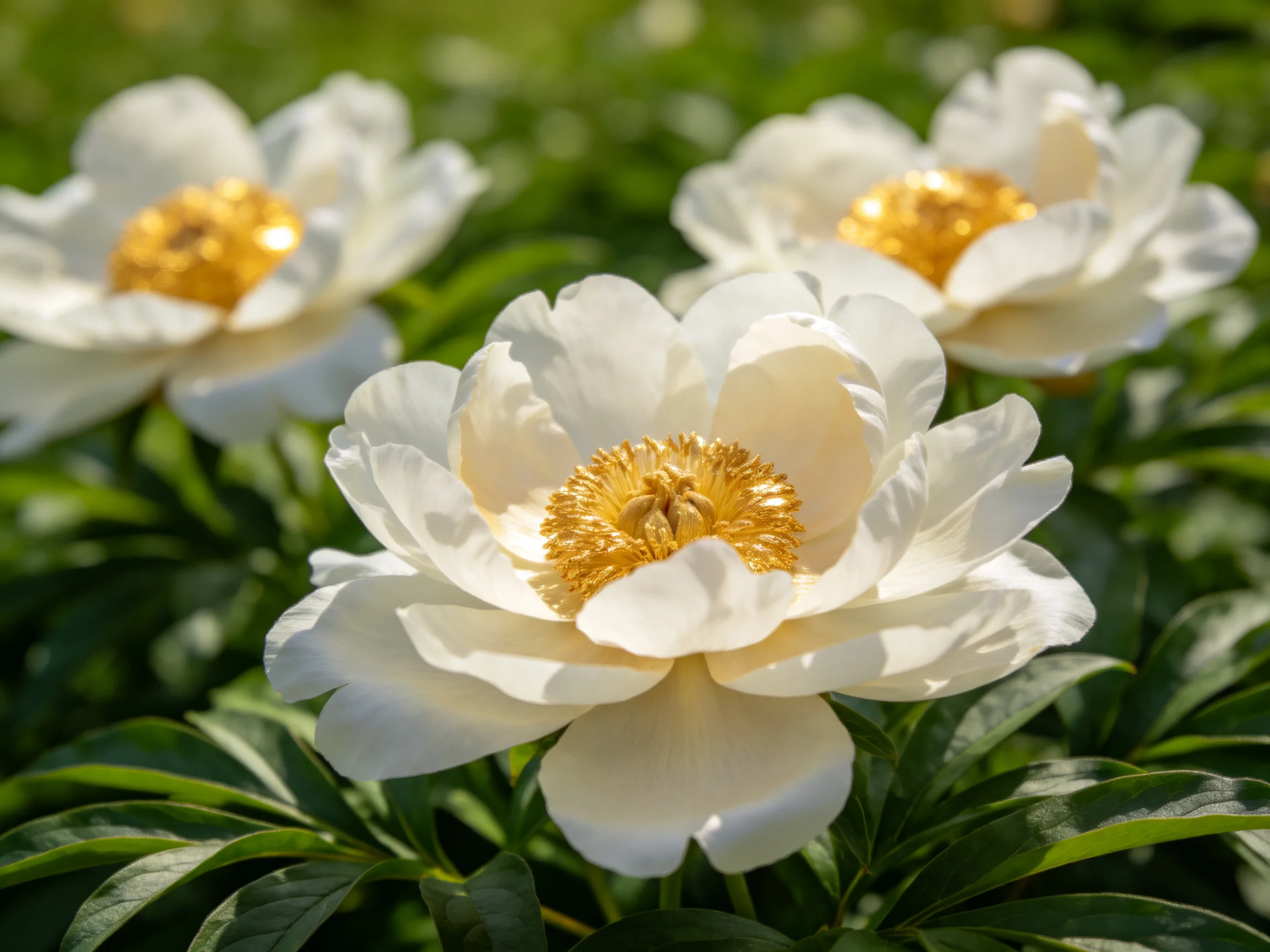 Three white peonies with golden centers amid lush greenery