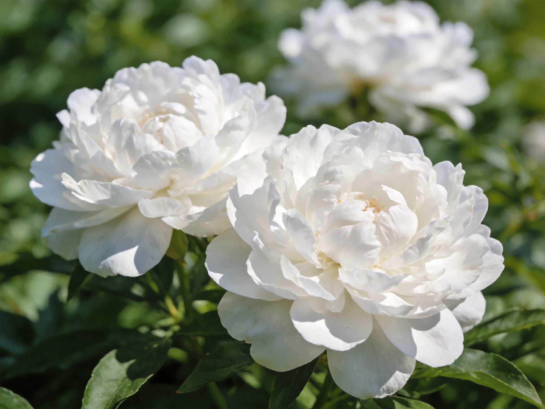 Three white peony blooms with lush green foliage in natural light