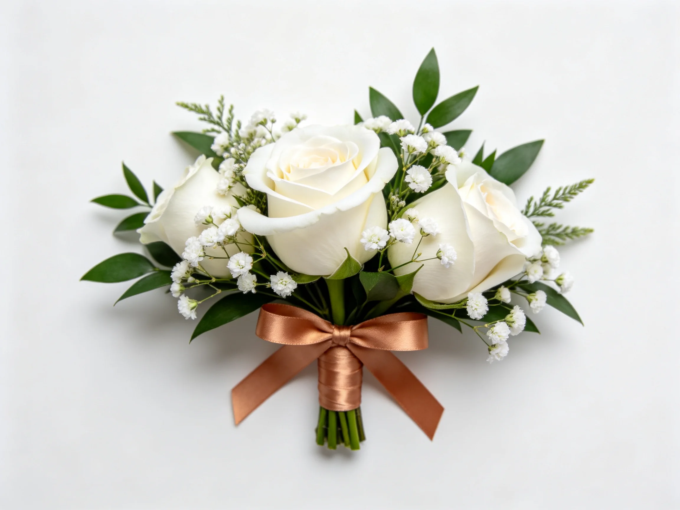 Three white roses in an elegant floral arrangement with greenery