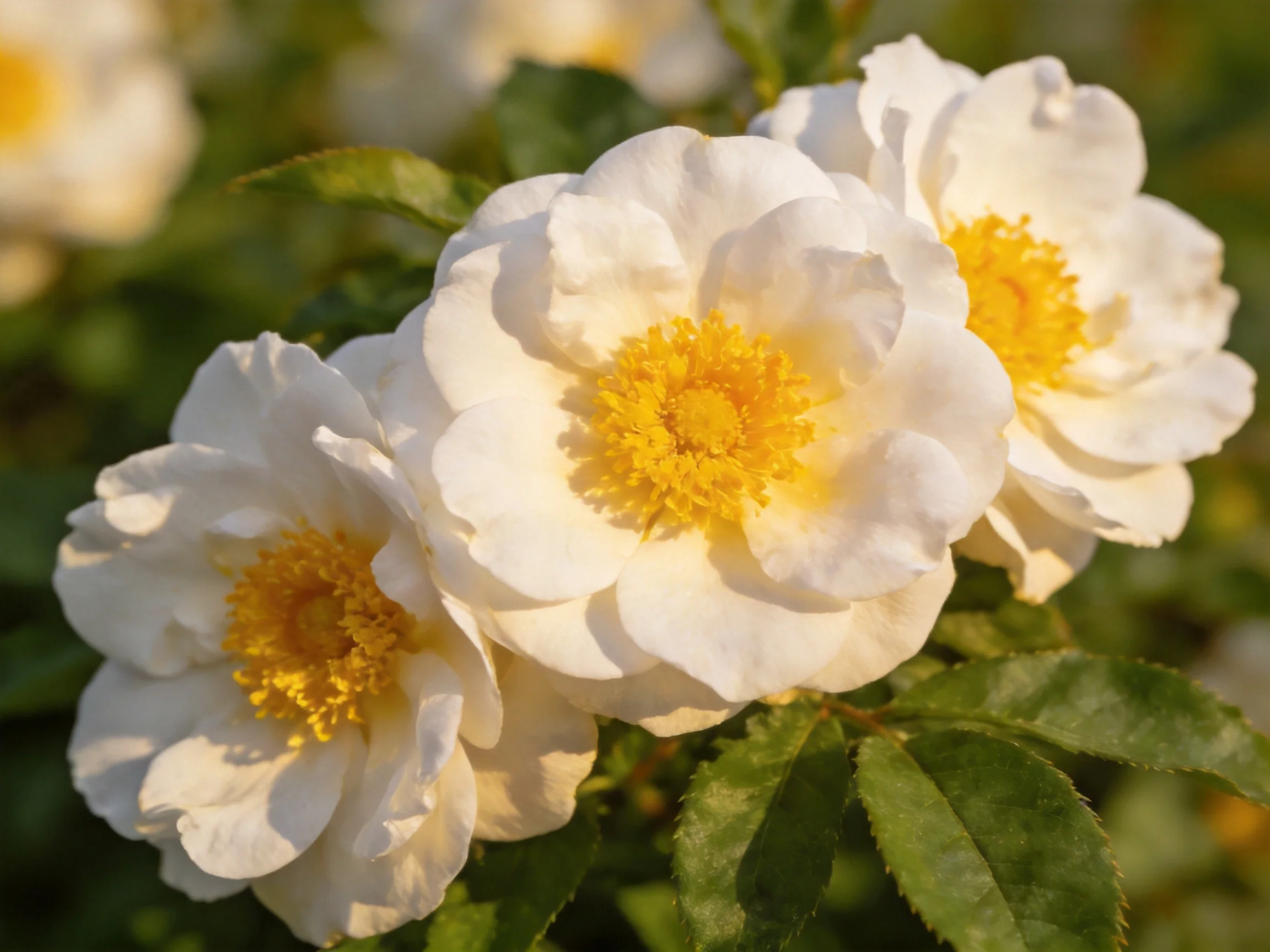 Three white roses with bright yellow centers bloom among green foliage