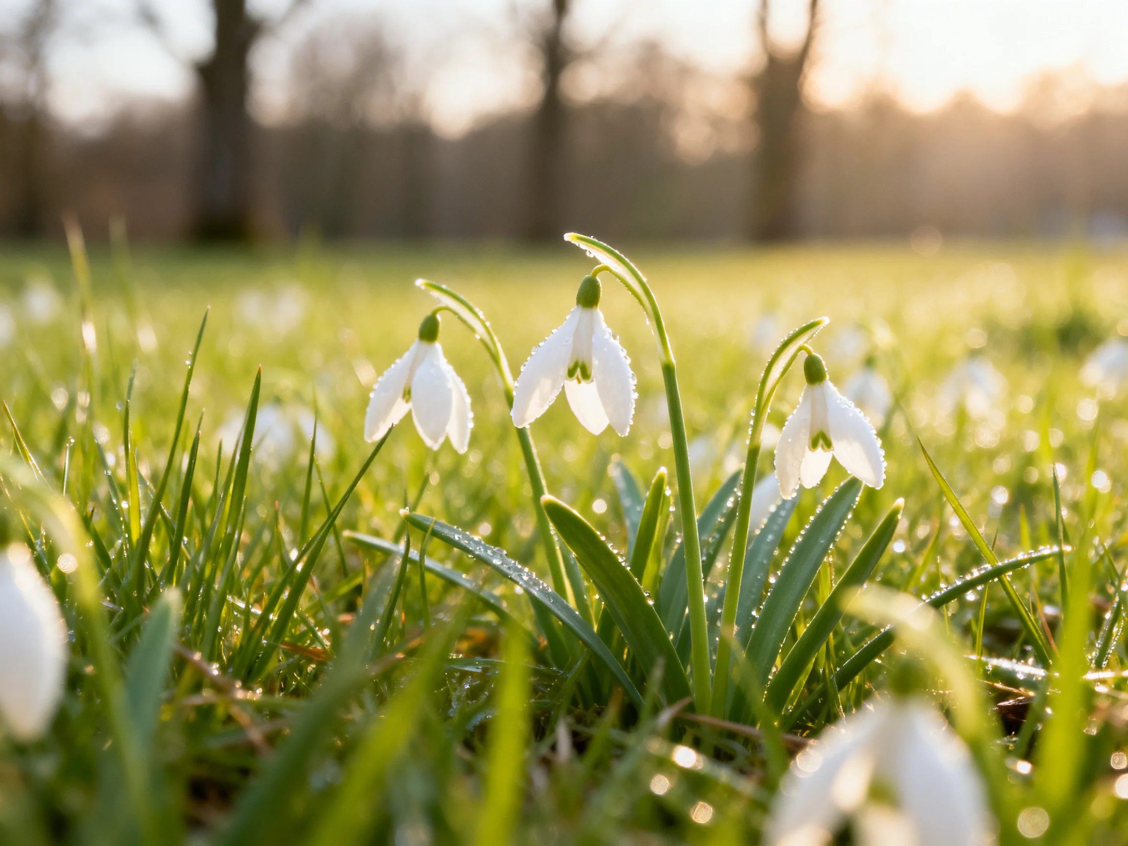 Three white snowdrop flowers bloom amid dewy green grass under golden sunlight