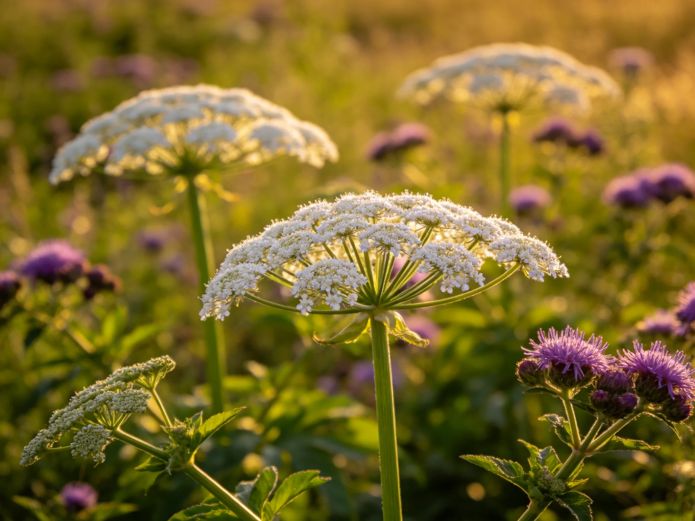 Three white umbel flowers bloom near purple blooms in a sunlit field