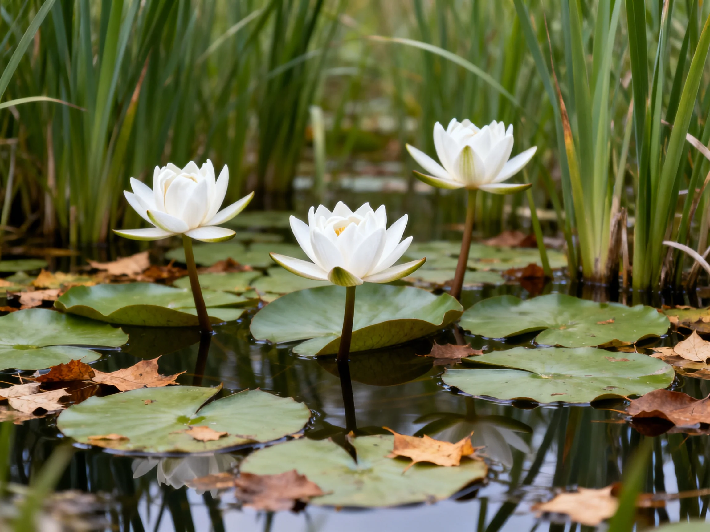 Three white water lilies bloom among green lily pads and tall reeds