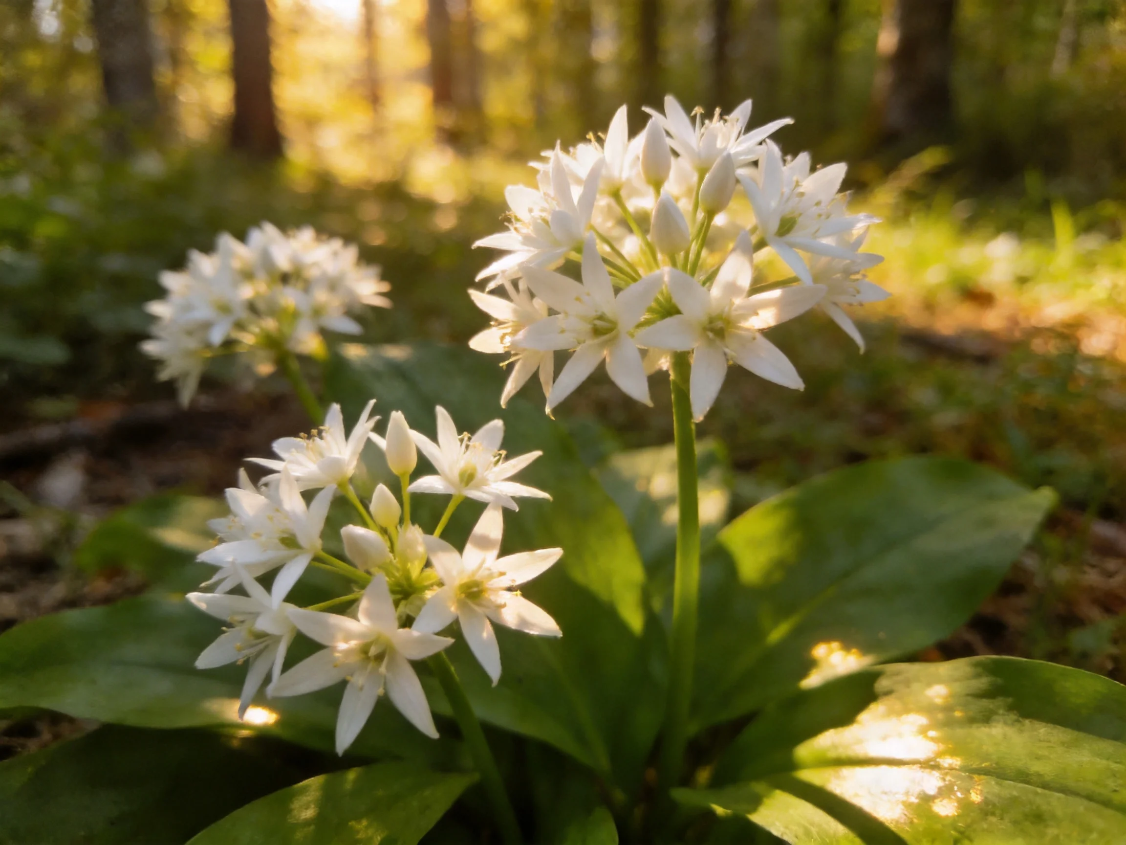 Three white wildflower clusters bloom in a sun-dappled forest
