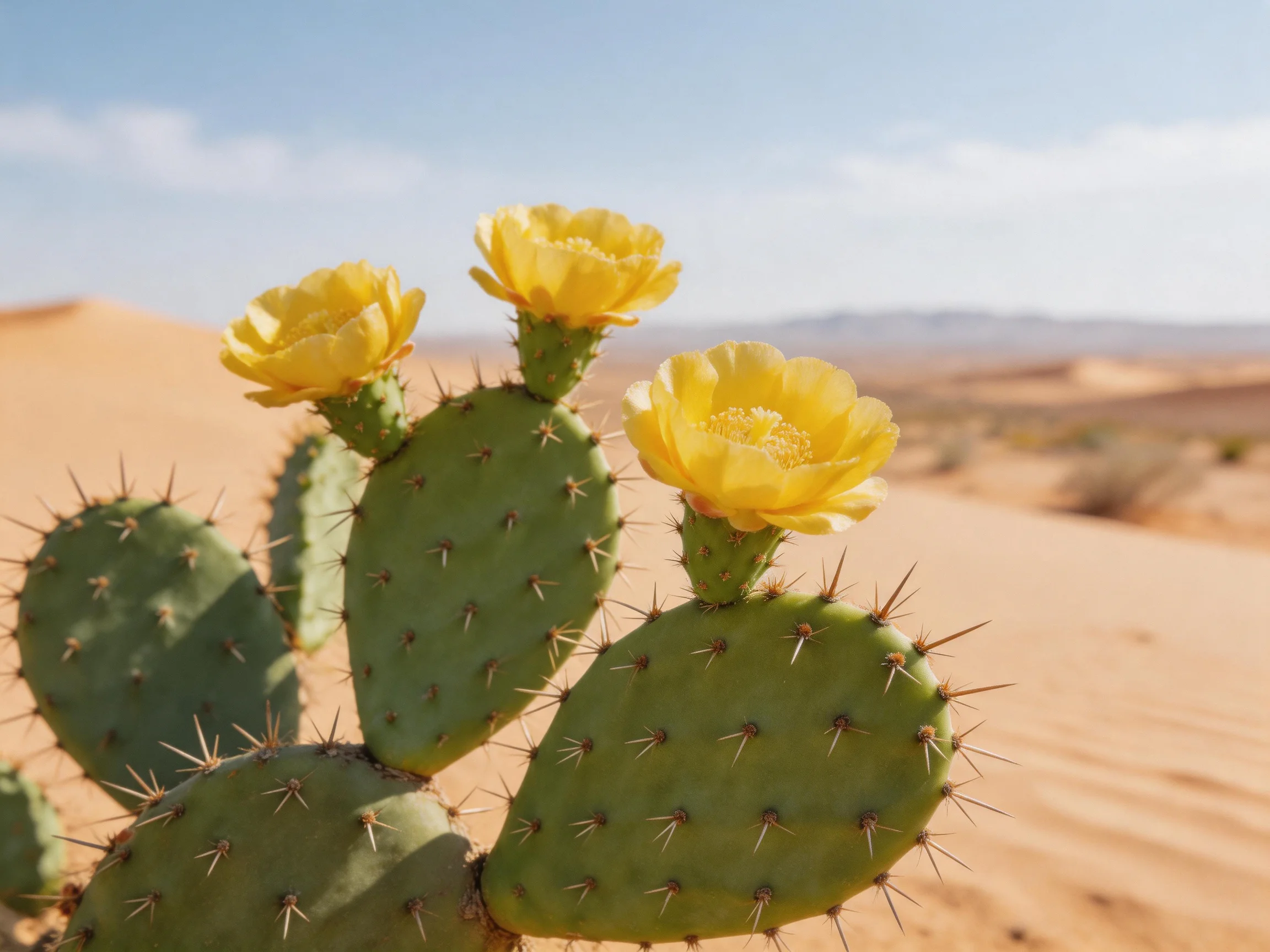 Three yellow flowers bloom on a spiny green cactus amid sandy desert dunes