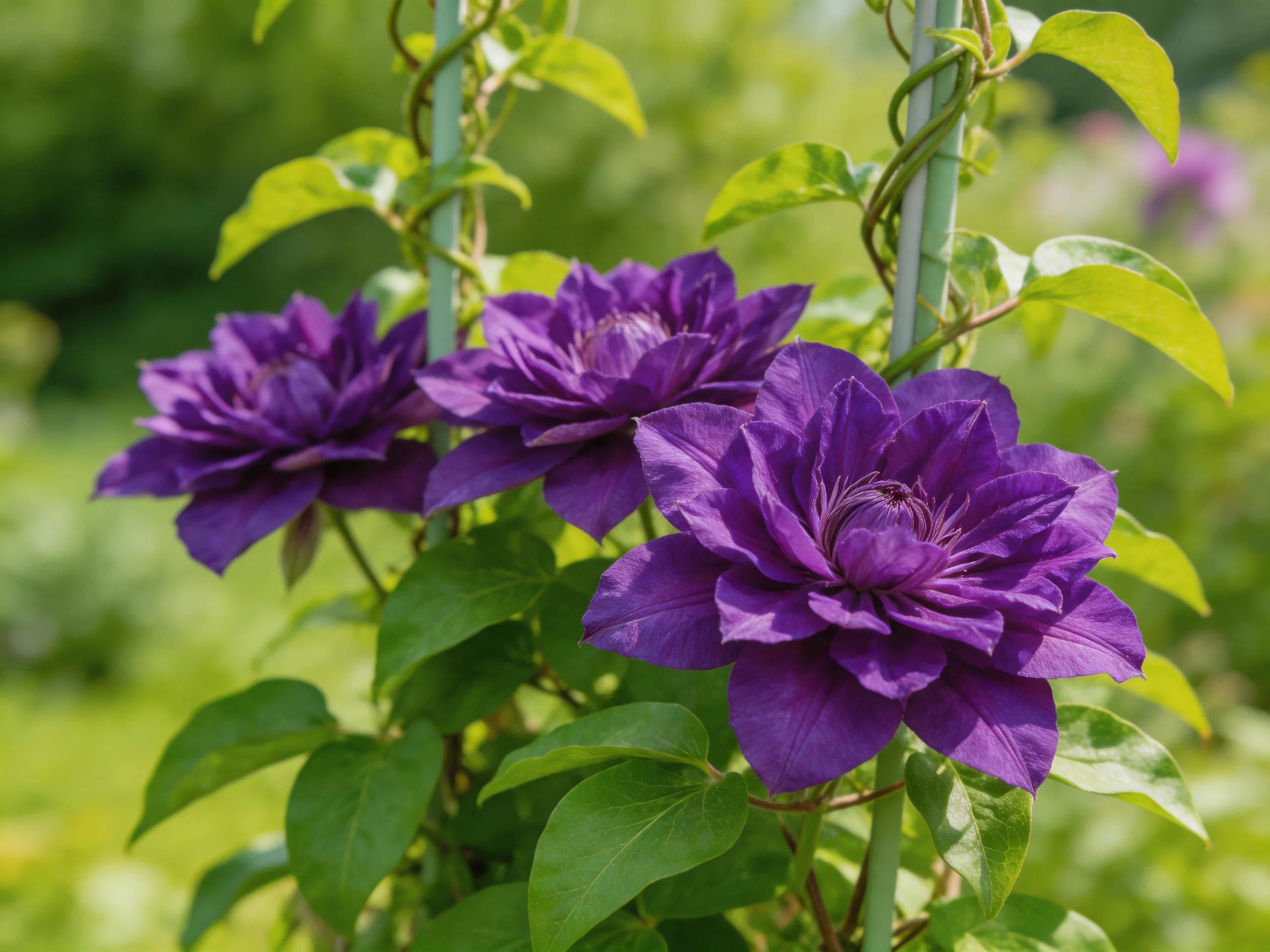 Threevibrant purple clematis blooms against lush green foliage