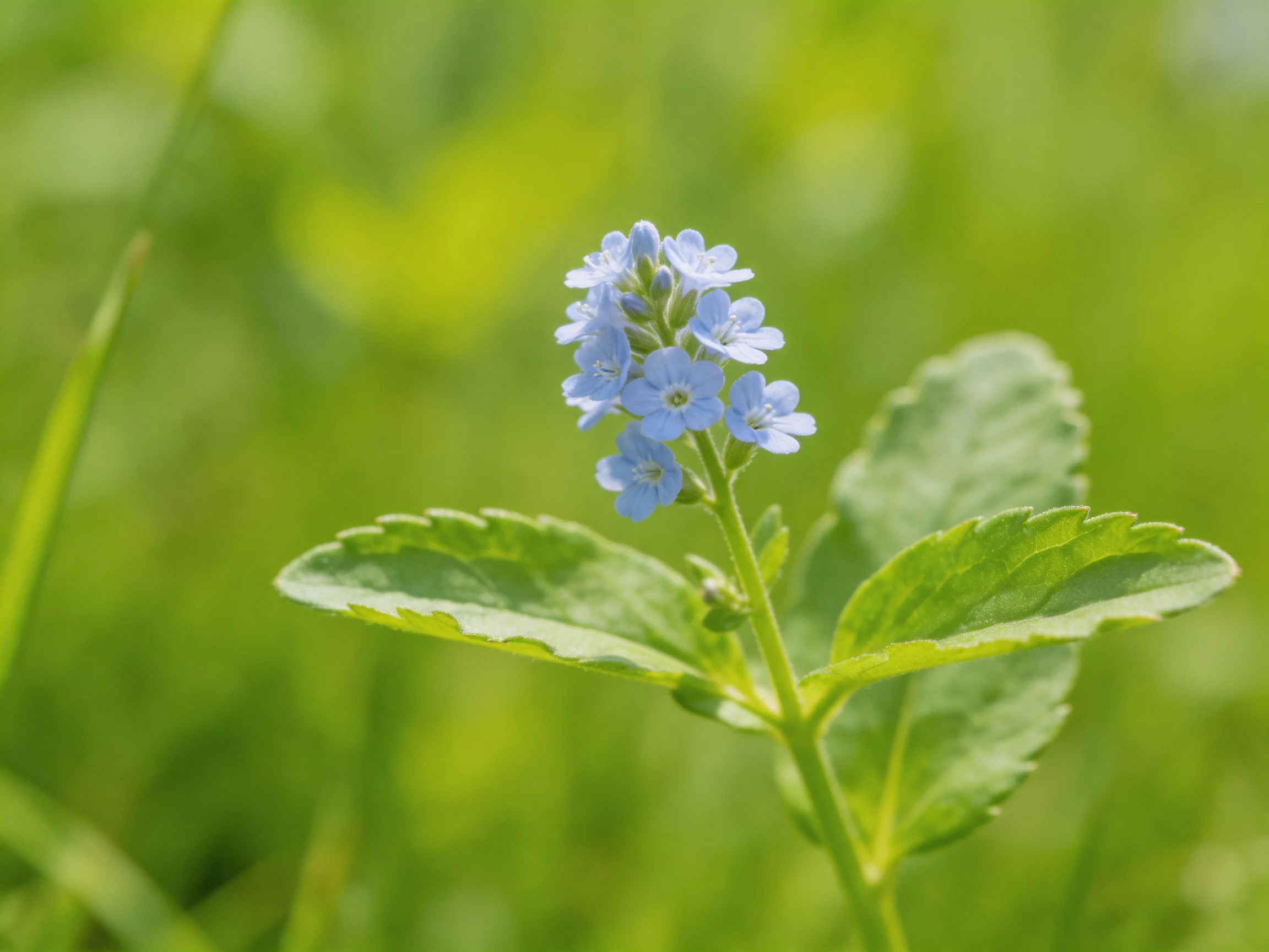 Tiny blue flowers bloom atop a plant with broad green leaves in a sunlit meadow