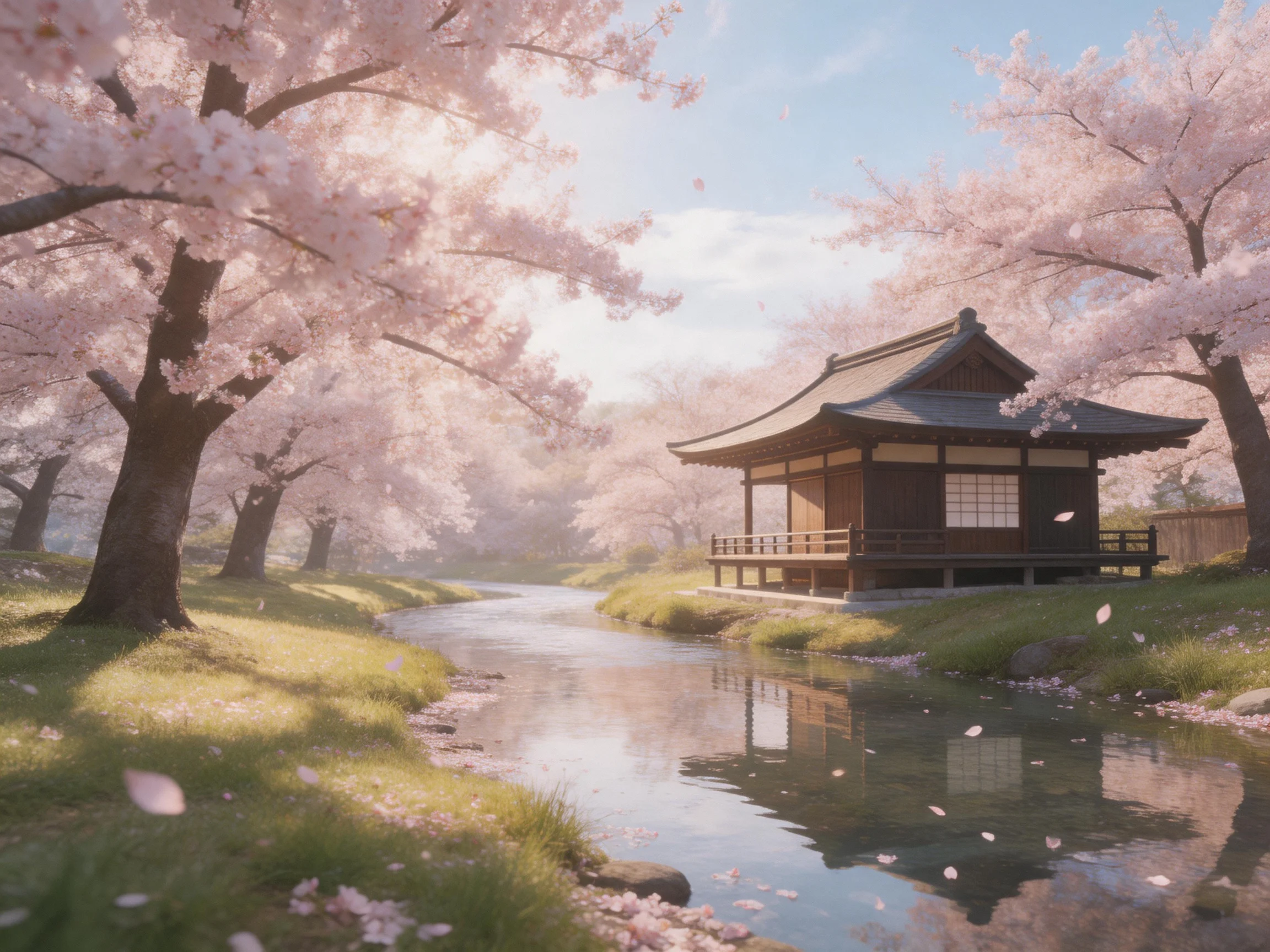 Traditional wooden house near cherry blossom-lined stream