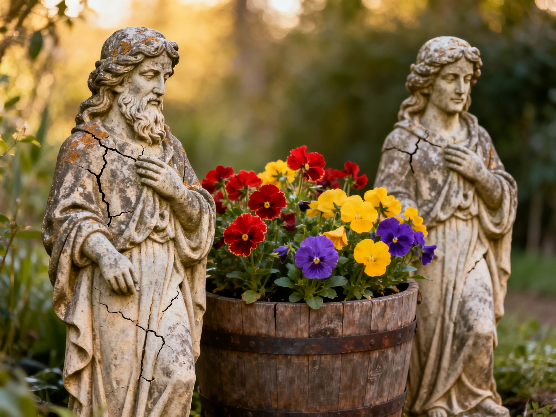 Two aged stone statues beside a wooden barrel of colorful flowers