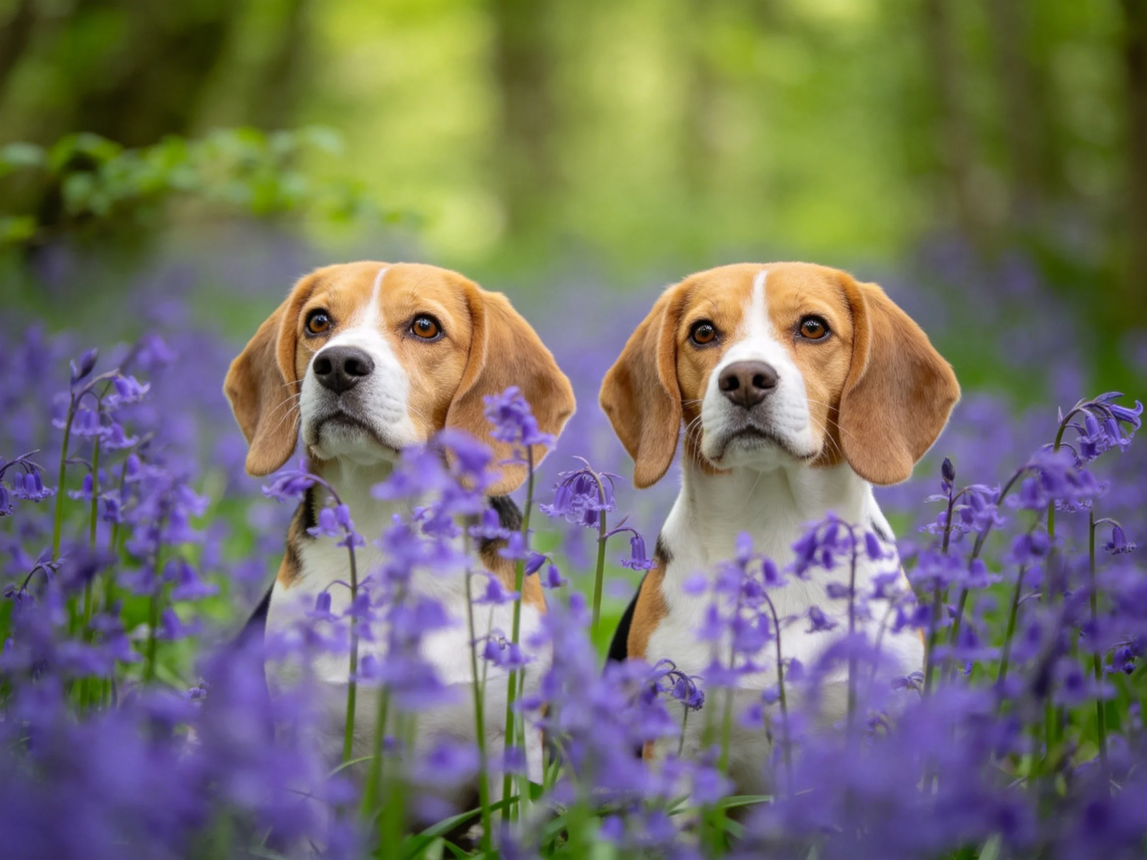 Two beagles sit amid vibrant purple wildflowers in a sunlit forest