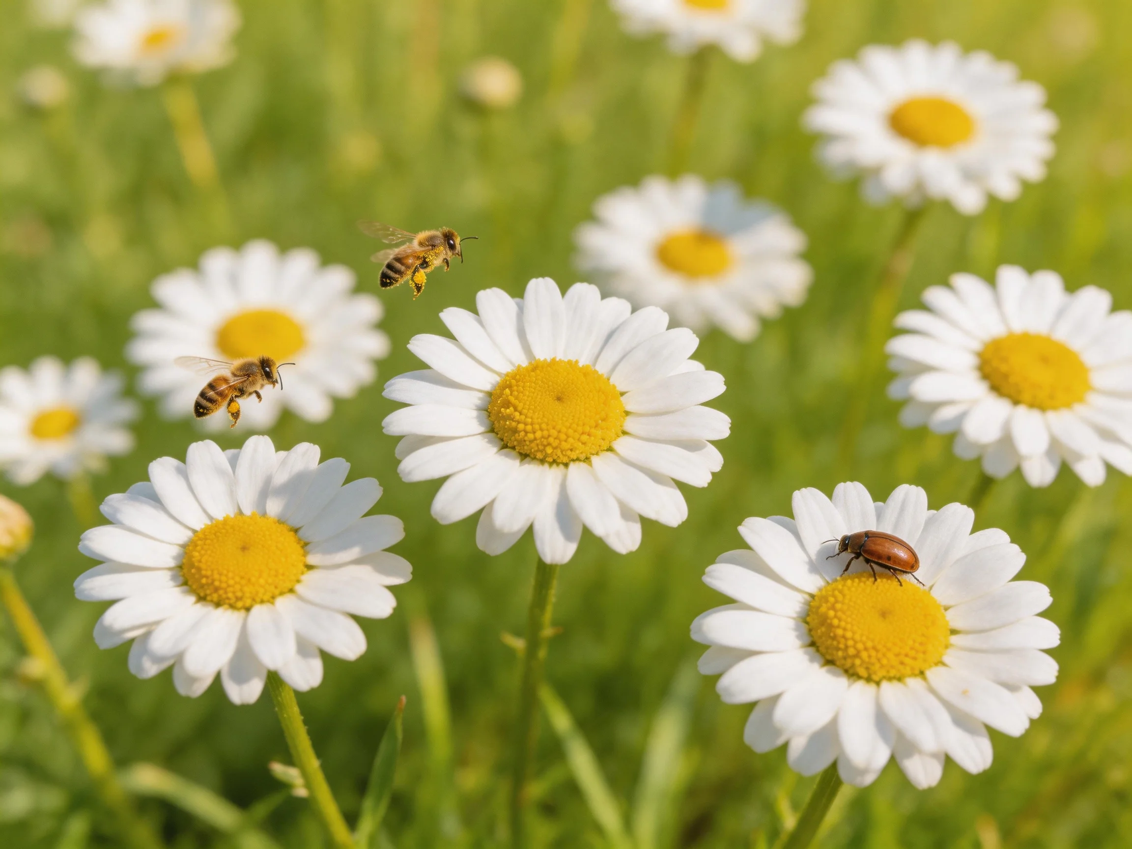 Two bees and a beetle among white daisies with yellow centers