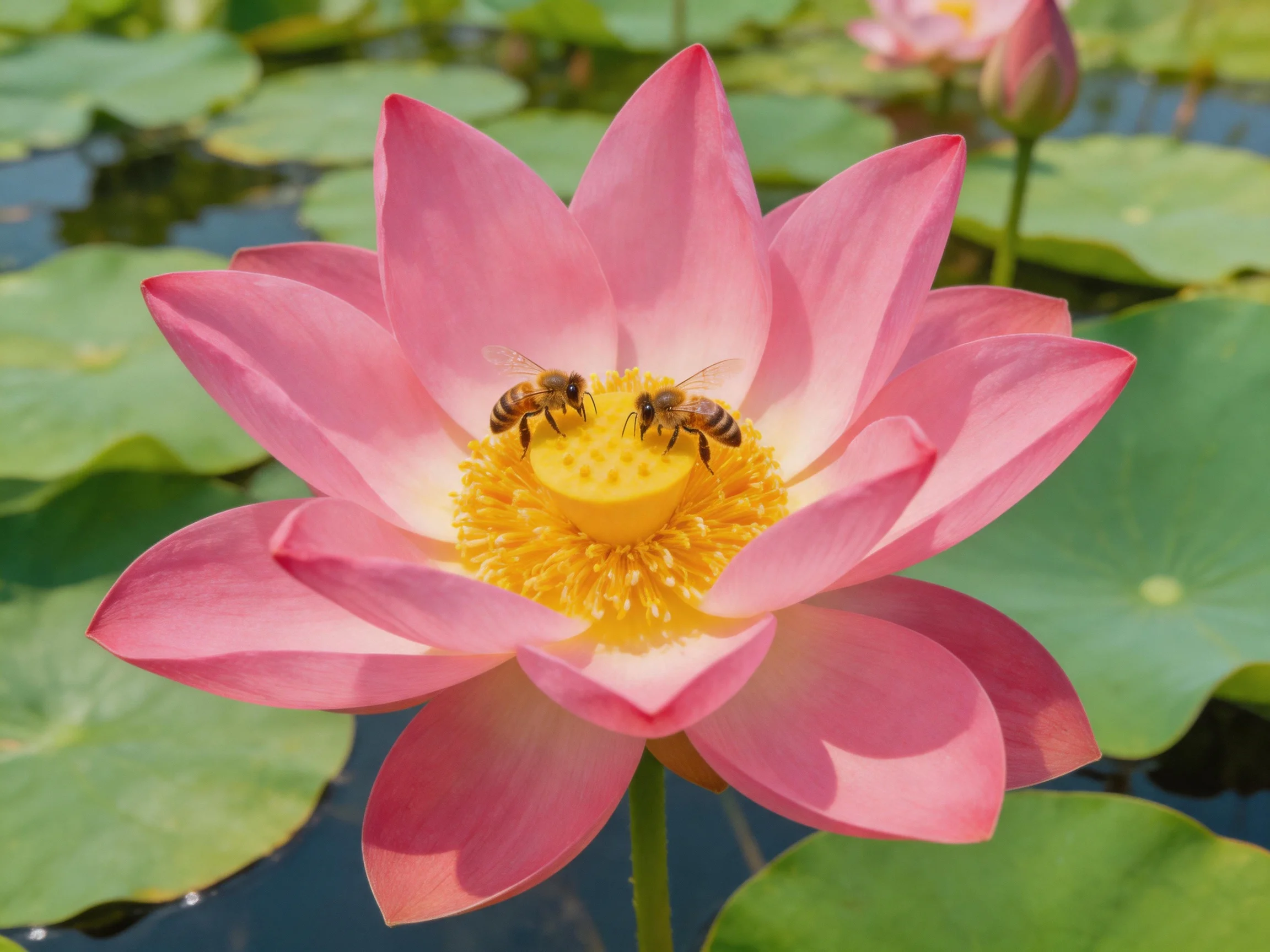 Two bees pollinate a vibrant pink lotus near green water lilies