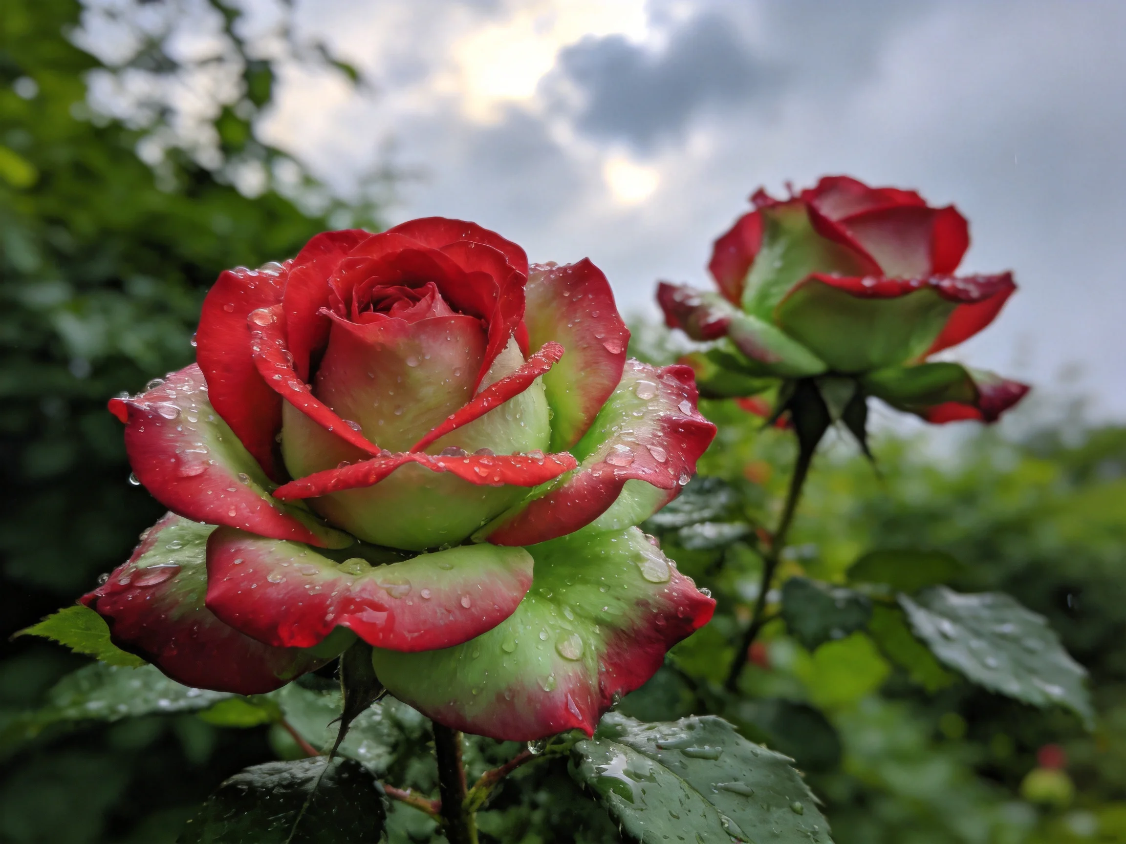 Two bi - colored roses with dewdrops in a verdant garden