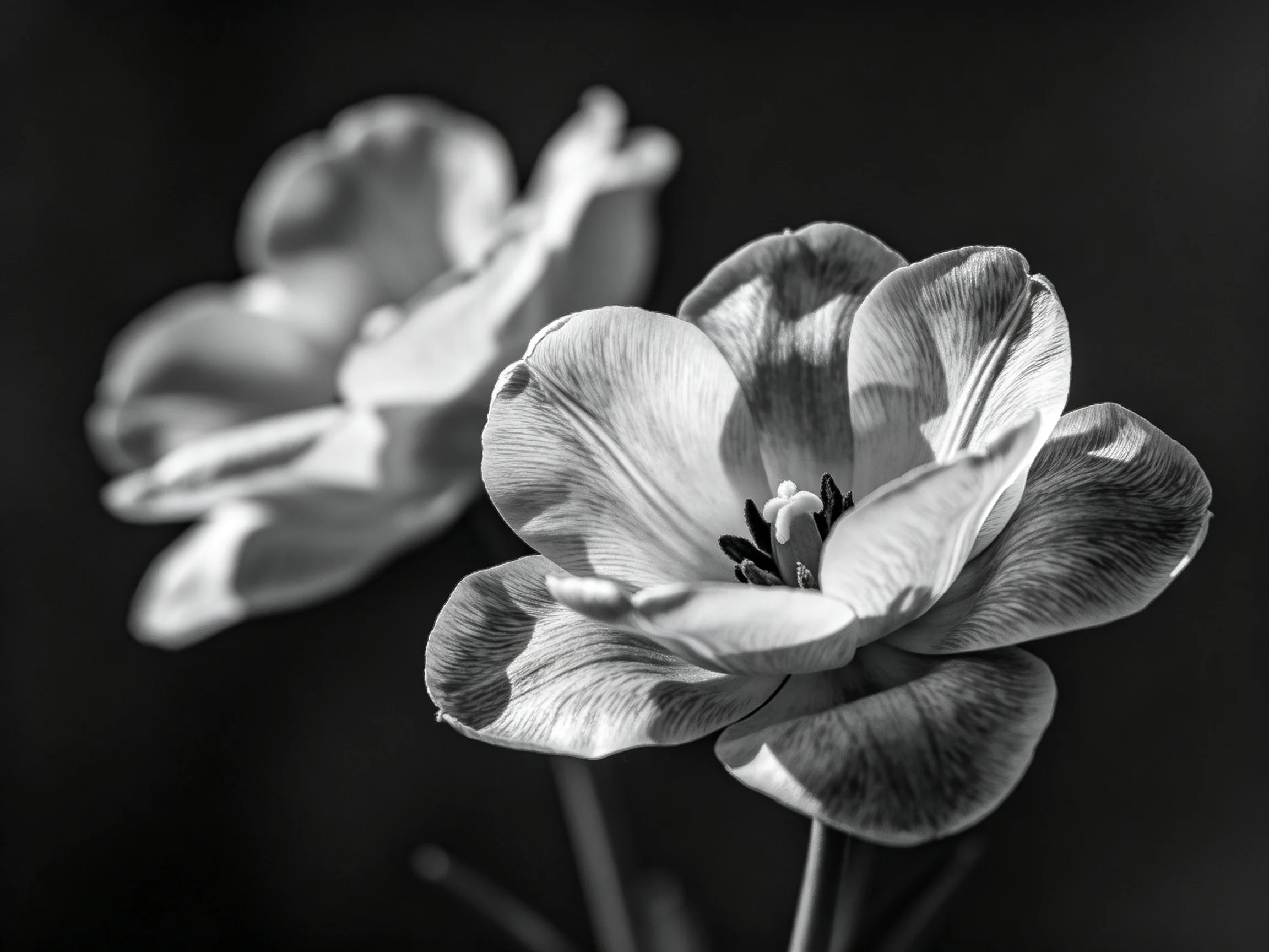 Two black-and-white tulip blooms with intricate petal details
