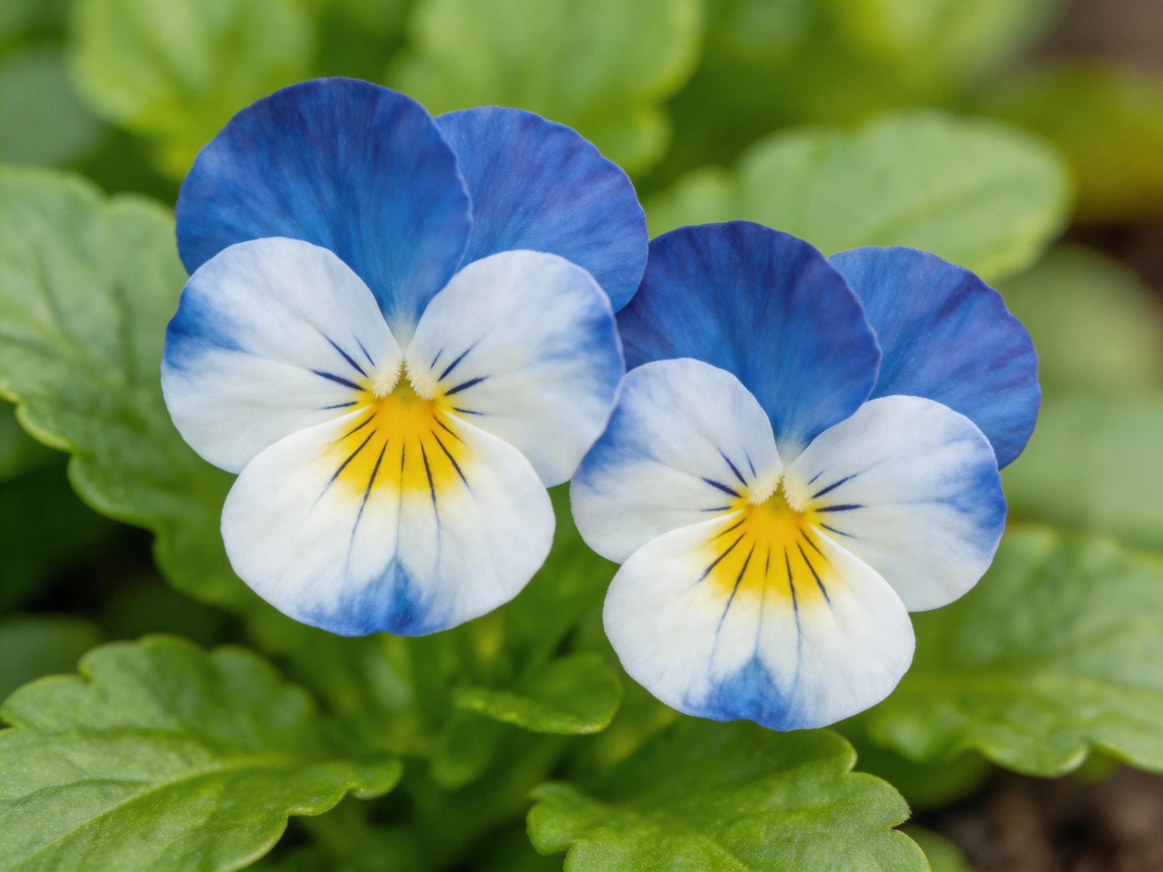 Two blue-and-white pansy flowers with yellow centers amid green foliage
