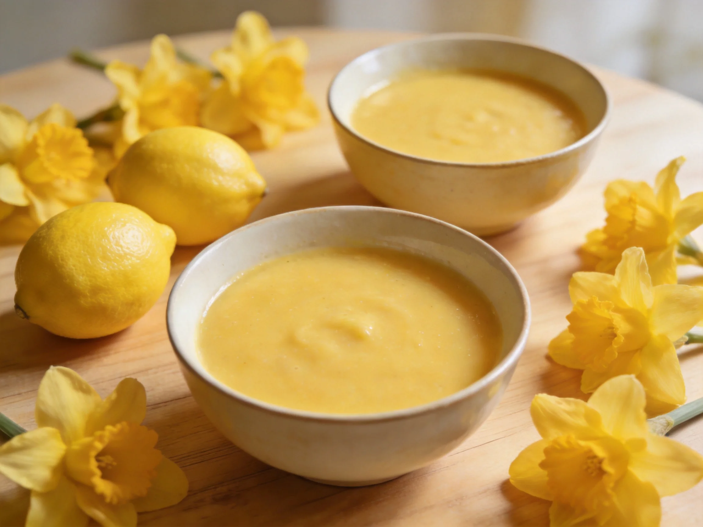 Two bowls of creamy yellow custard with fresh lemons and daffodil flowers