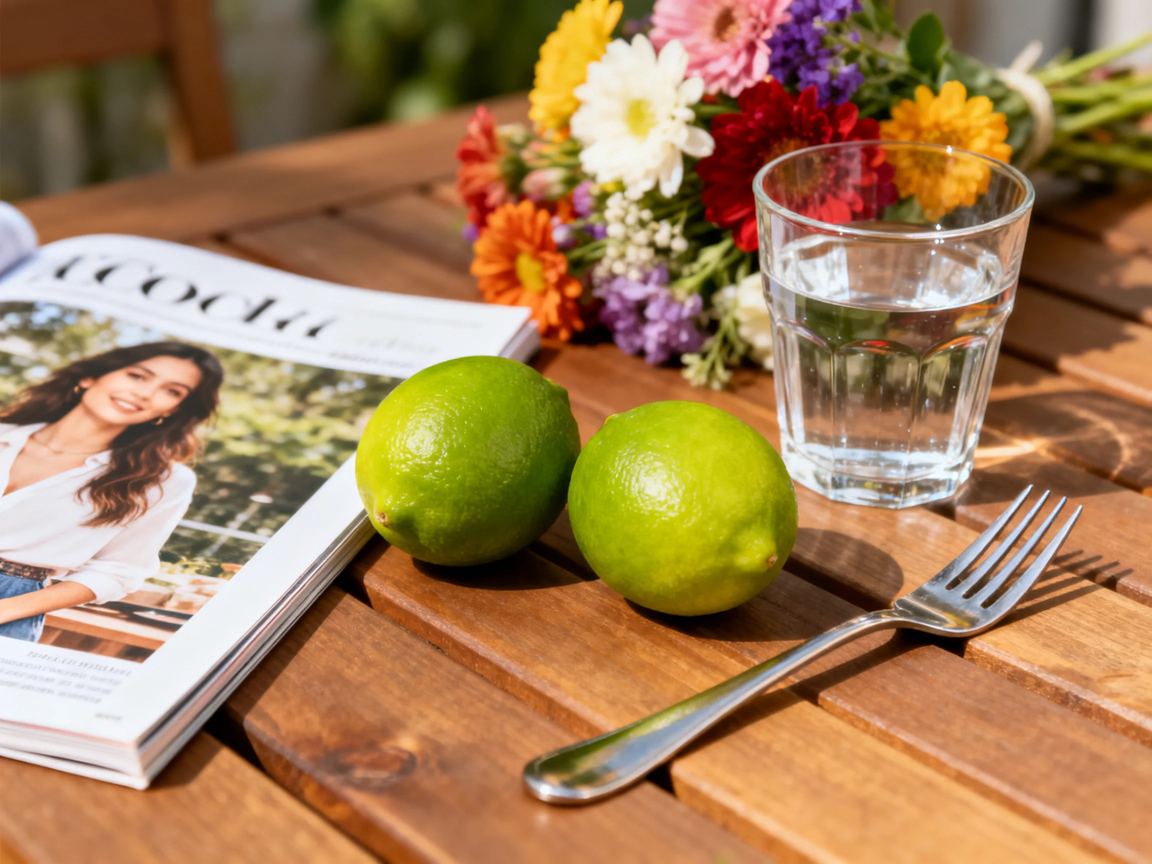Two bright green limes sit beside a magazine, glass, and colorful flower bouquet on a wooden table.