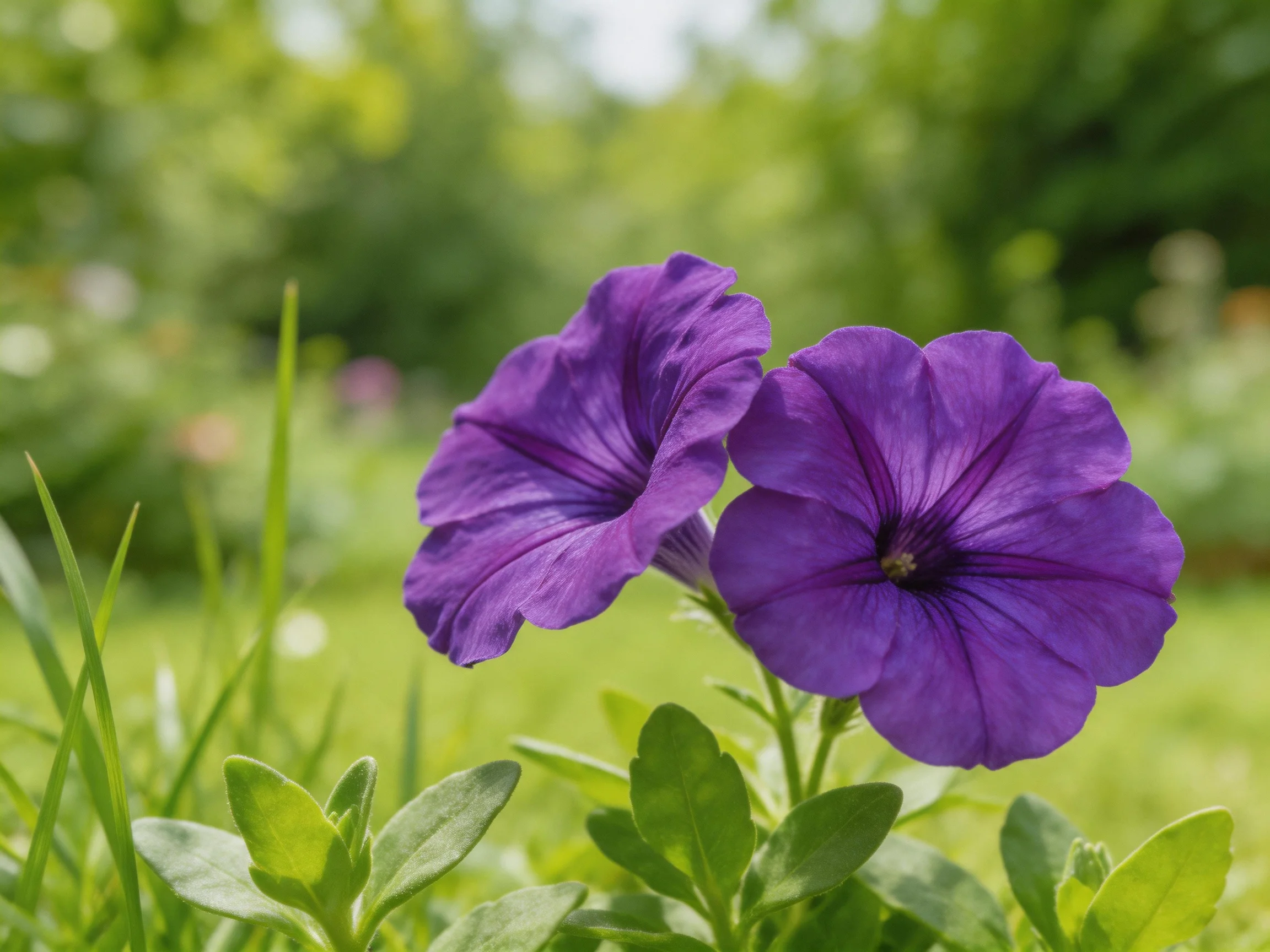 Two bright purple petunia flowers in a green garden