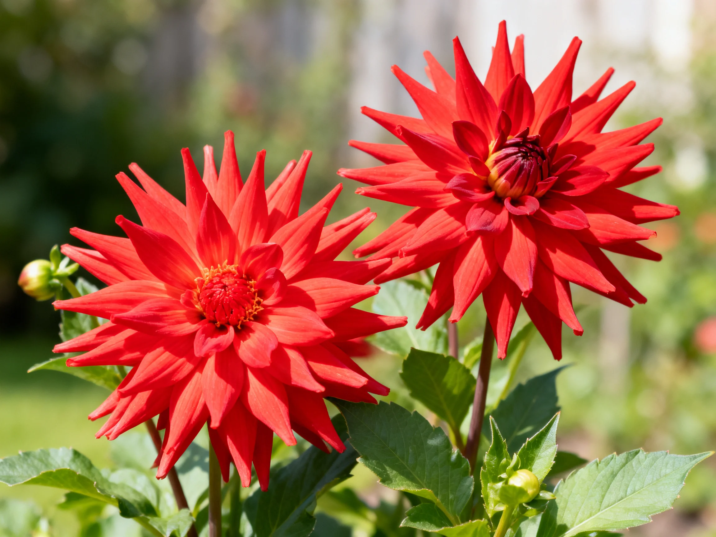 Two bright red dahlia flowers with spiky petals
