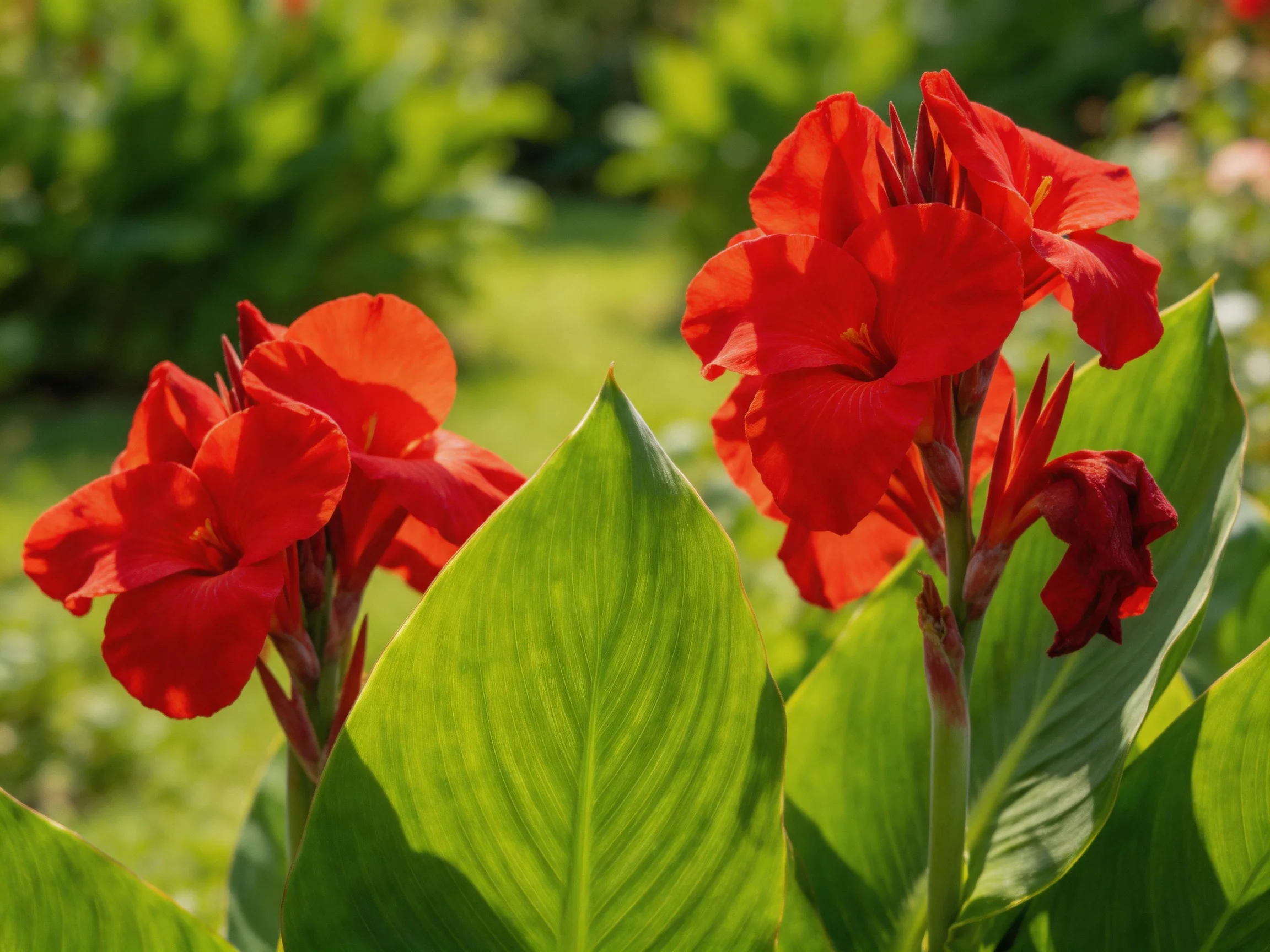 Two bright red flowers bloom beside large green leaves in a sunny garden