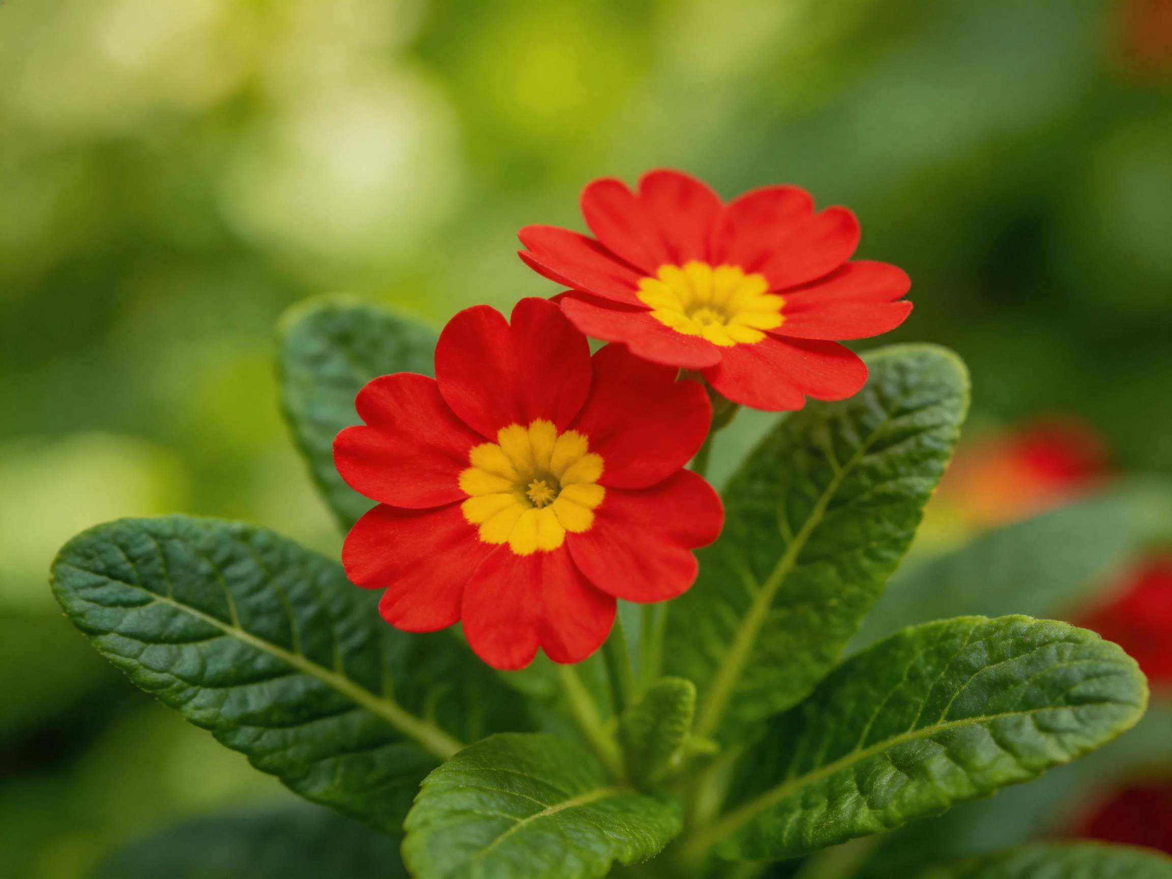 Two bright red flowers with yellow centers surrounded by lush green foliage