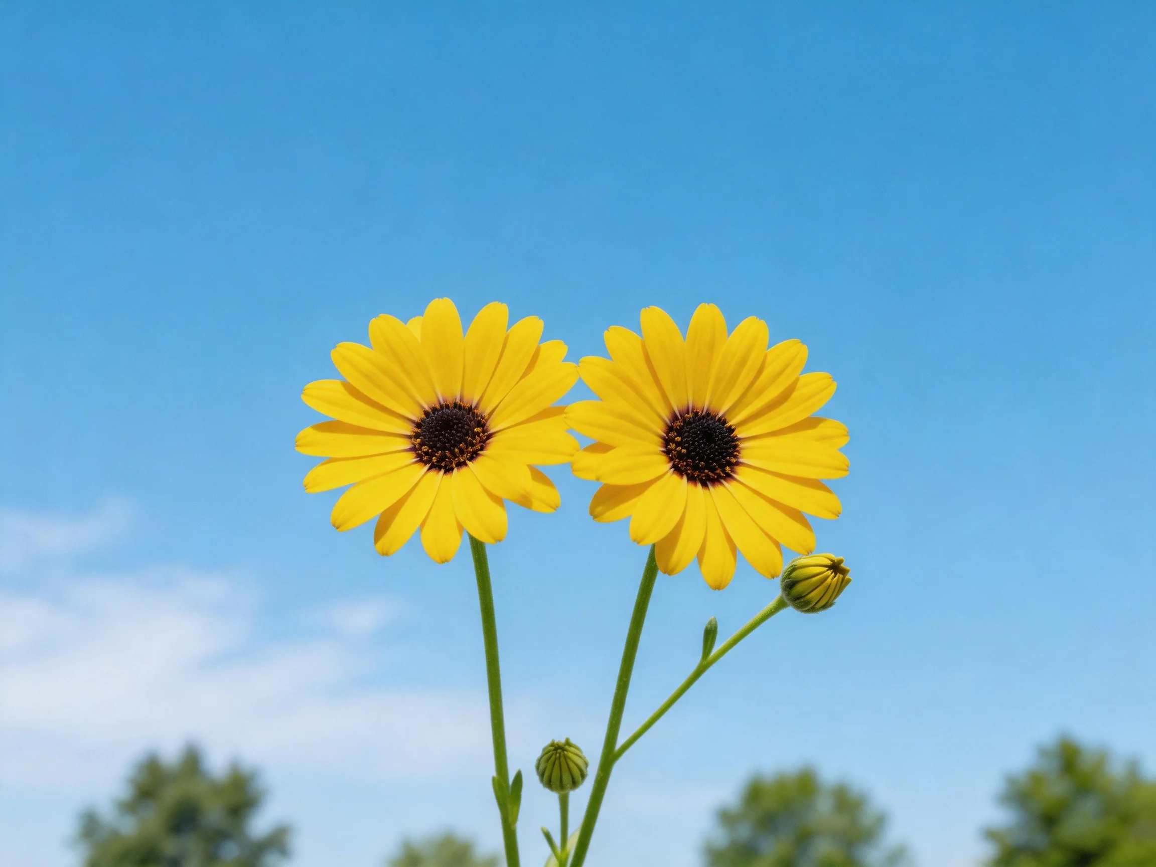 Two bright yellow daisies bloom against a clear blue sky