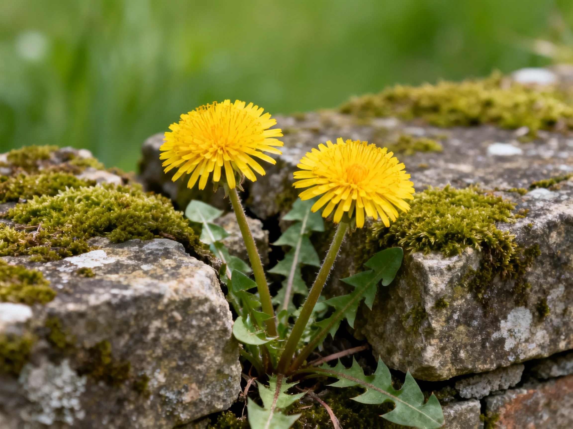 Two bright yellow dandelions bloom among moss-covered stones