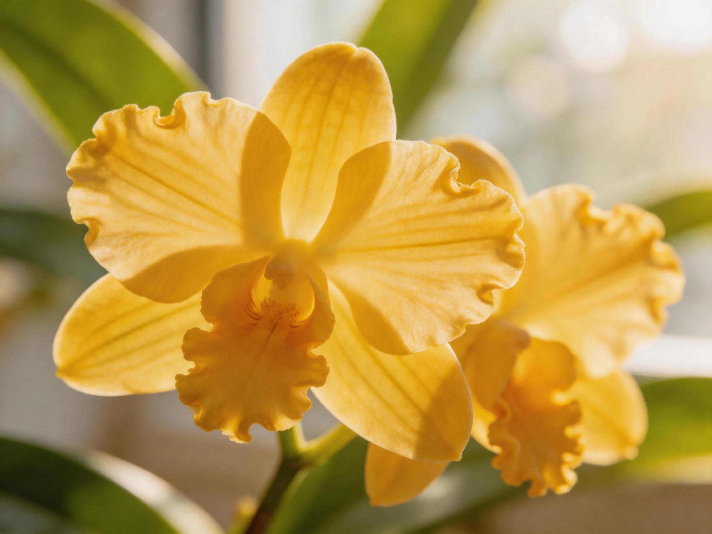 Two bright yellow orchids with ruffled petals near green leaves
