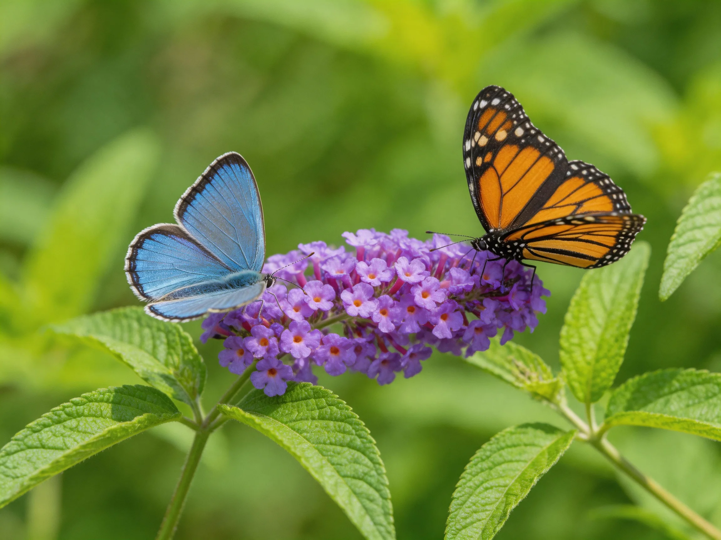 Two butterflies, one blue and one orange, perch on a cluster of purple flowers surrounded by greenery