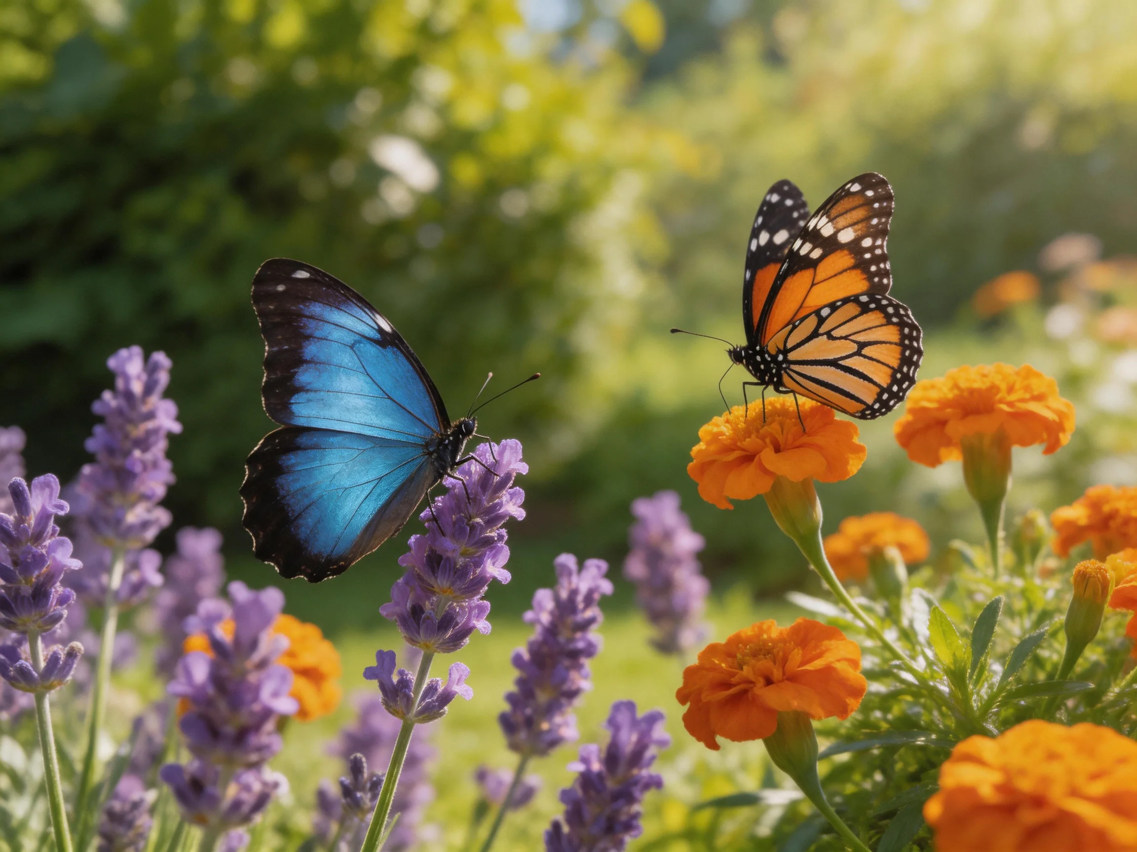 Two butterflies, one blue, one orange, perch on lavender and marigold flowers