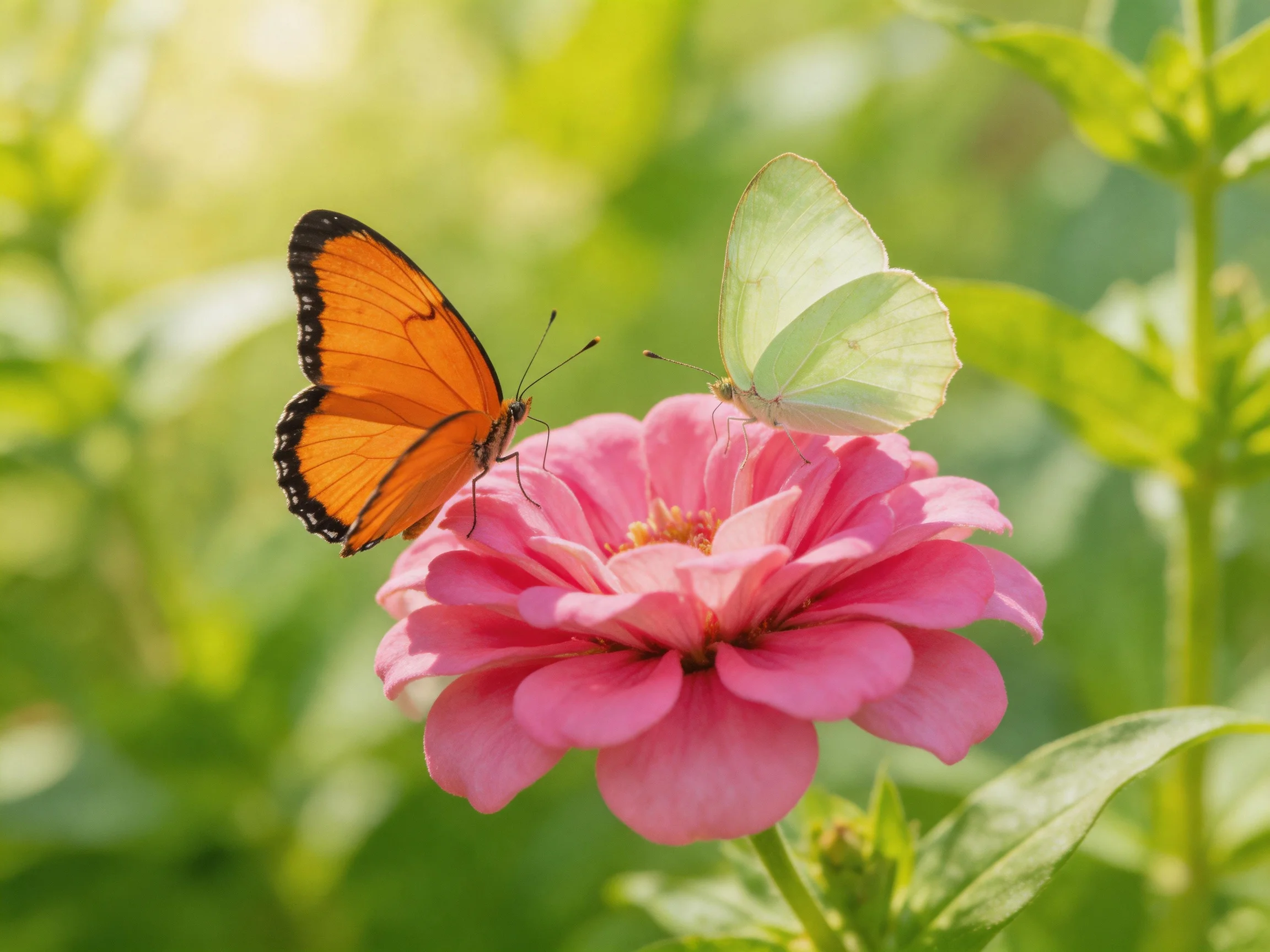 Two butterflies, one orange and one pale, rest on a vibrant pink flower among green foliage