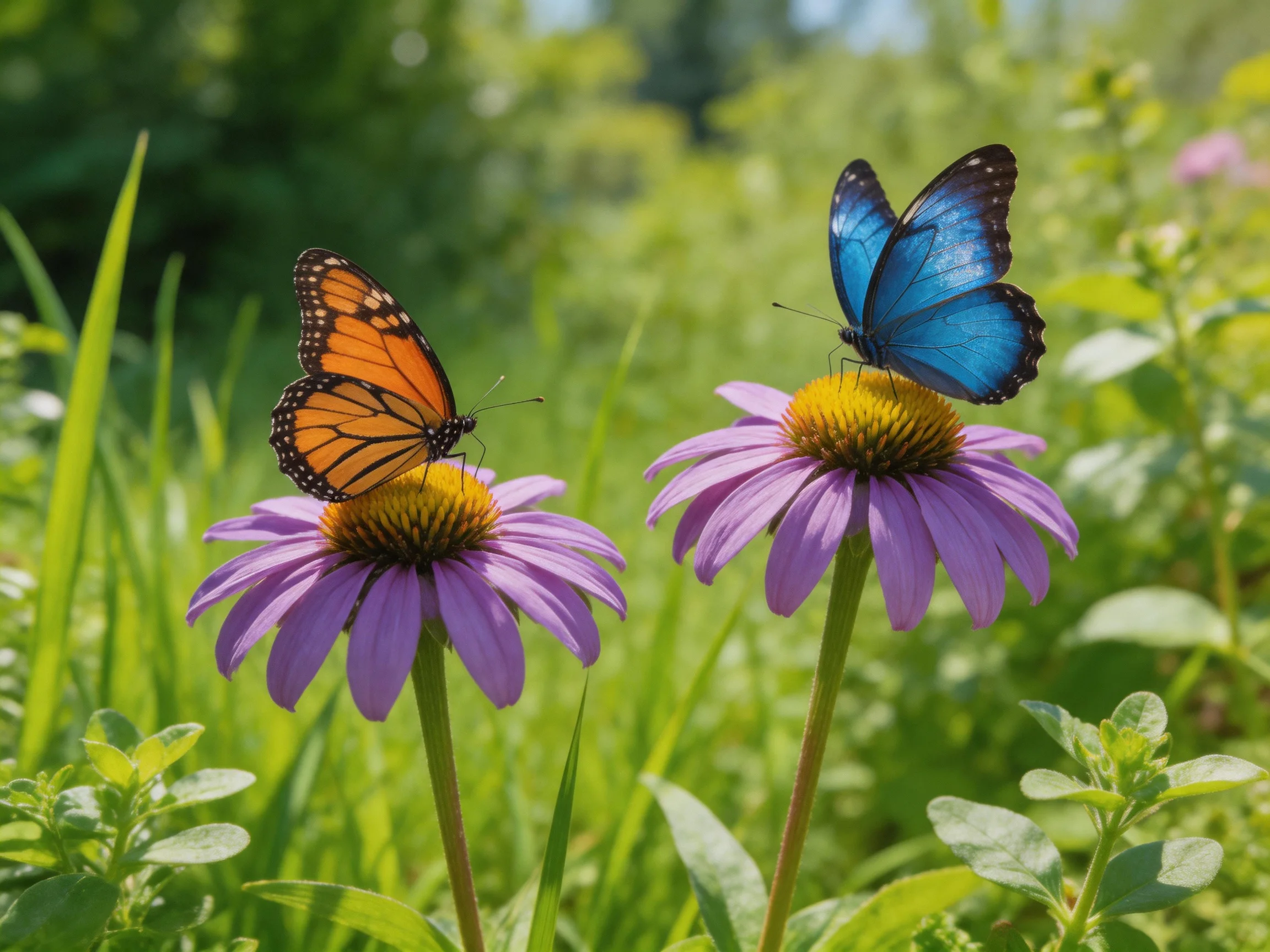 Two butterflies rest on purple coneflowers amid lush greenery