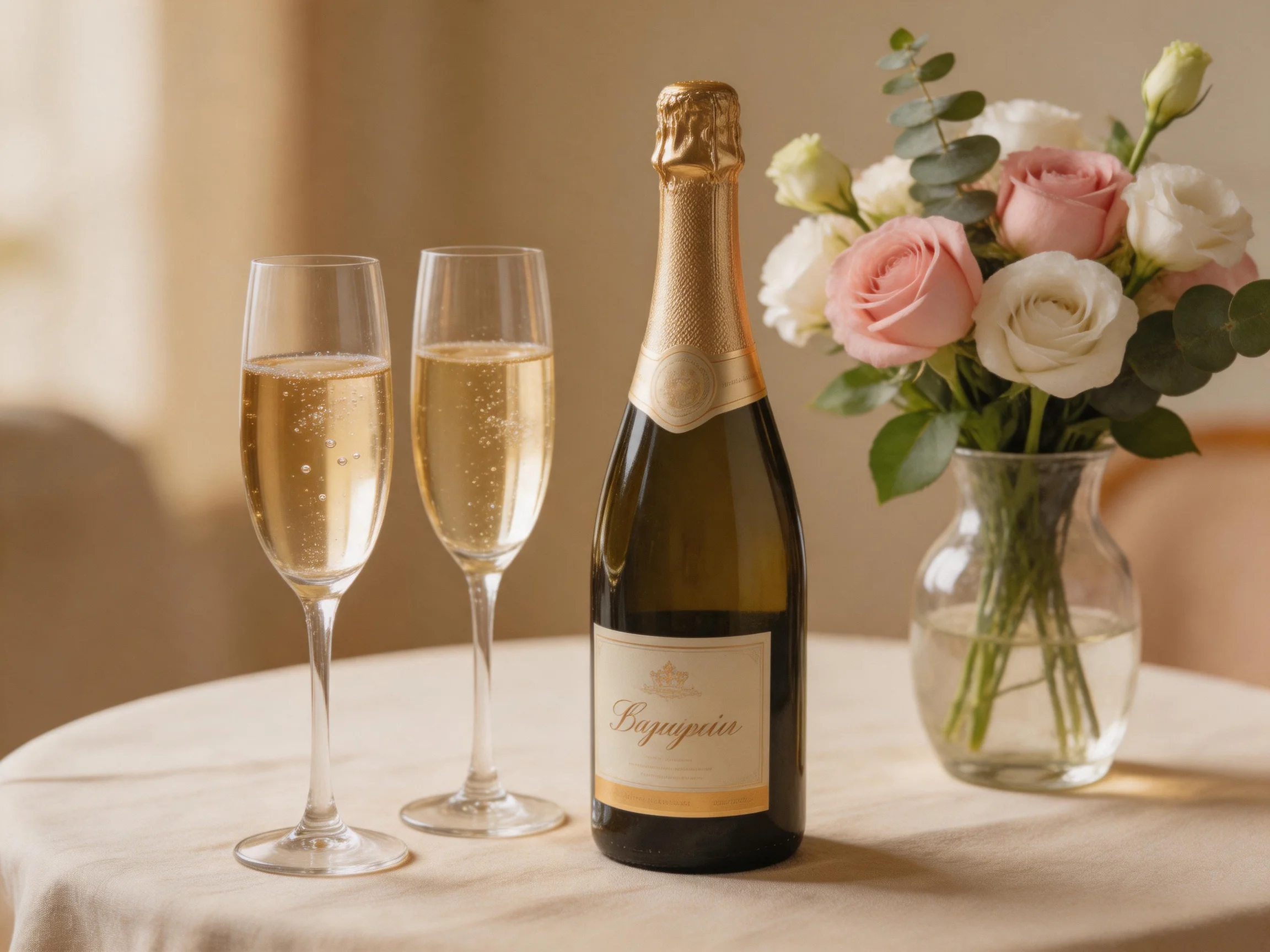 Two champagne flutes, a bottle, and pink-and-white roses on a table