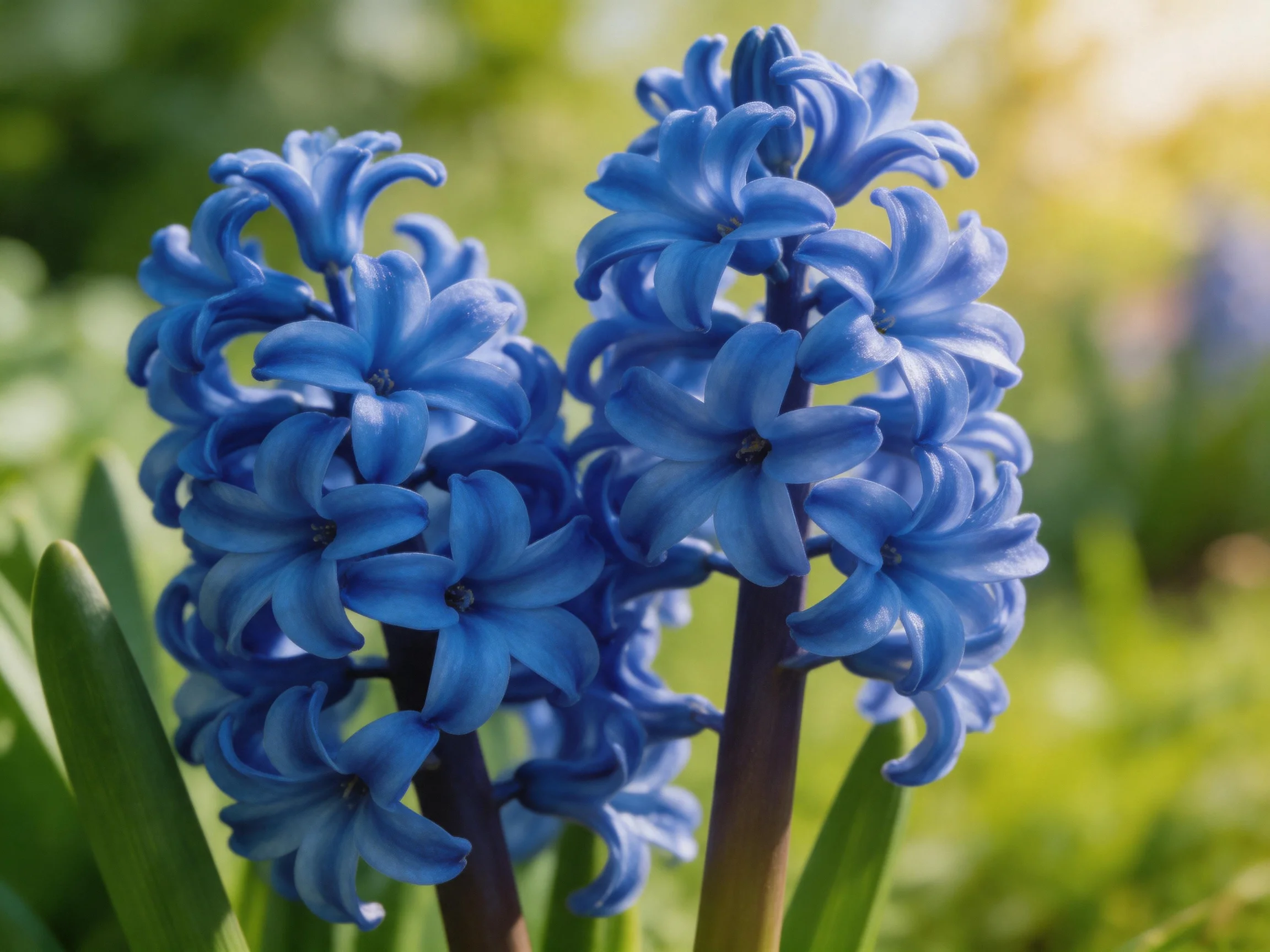 Two clusters of vibrant blue hyacinths bloom in a sunlit garden