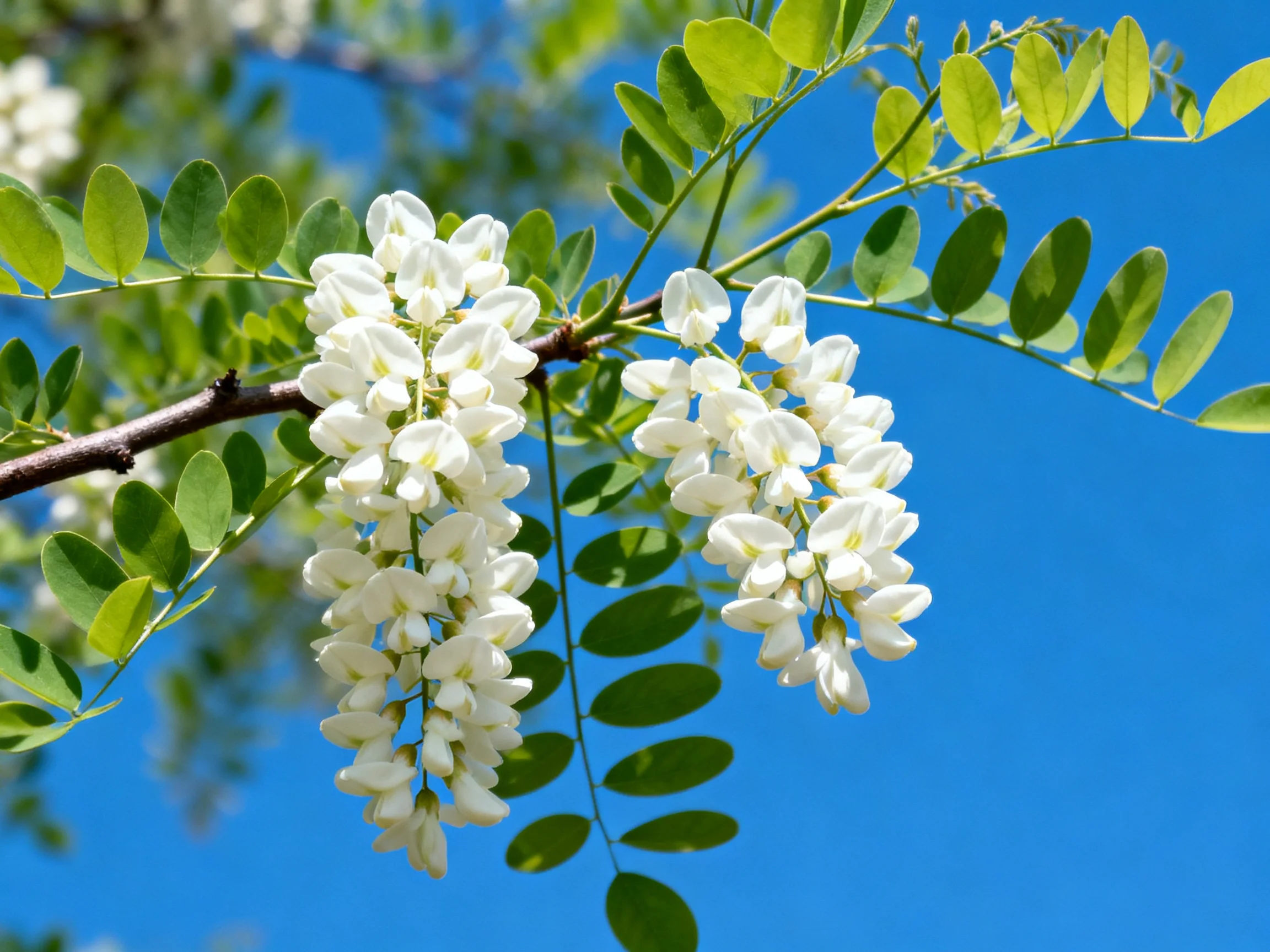 Two clusters of white flowers bloom on a branch with oval green leaves under clear blue sky