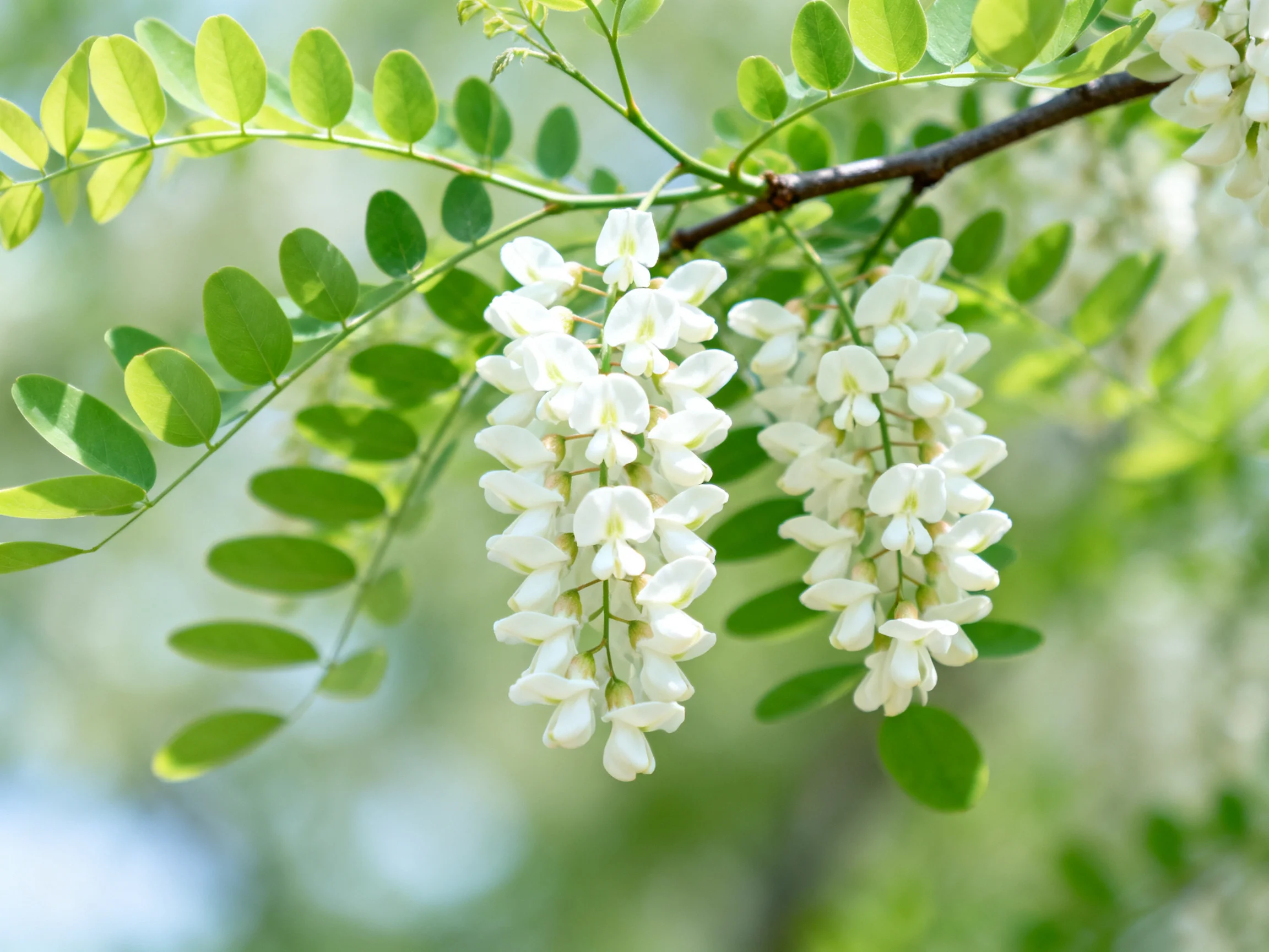 Two clusters of white flowers hang among oval green leaves