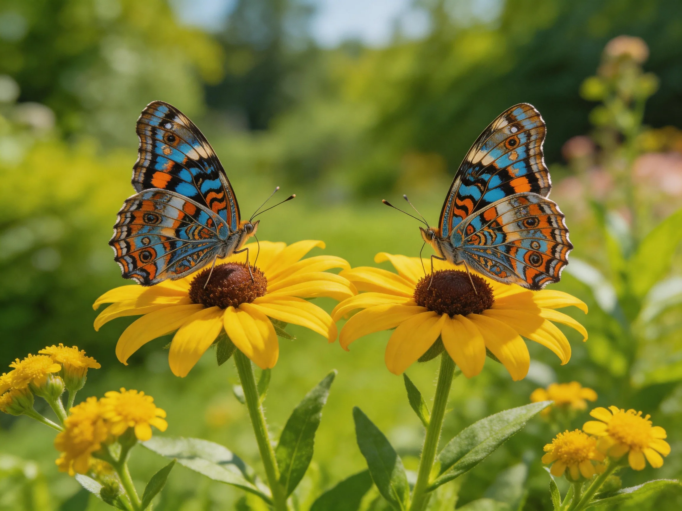 Two colorful butterflies rest on bright yellow flowers in a sunlit garden