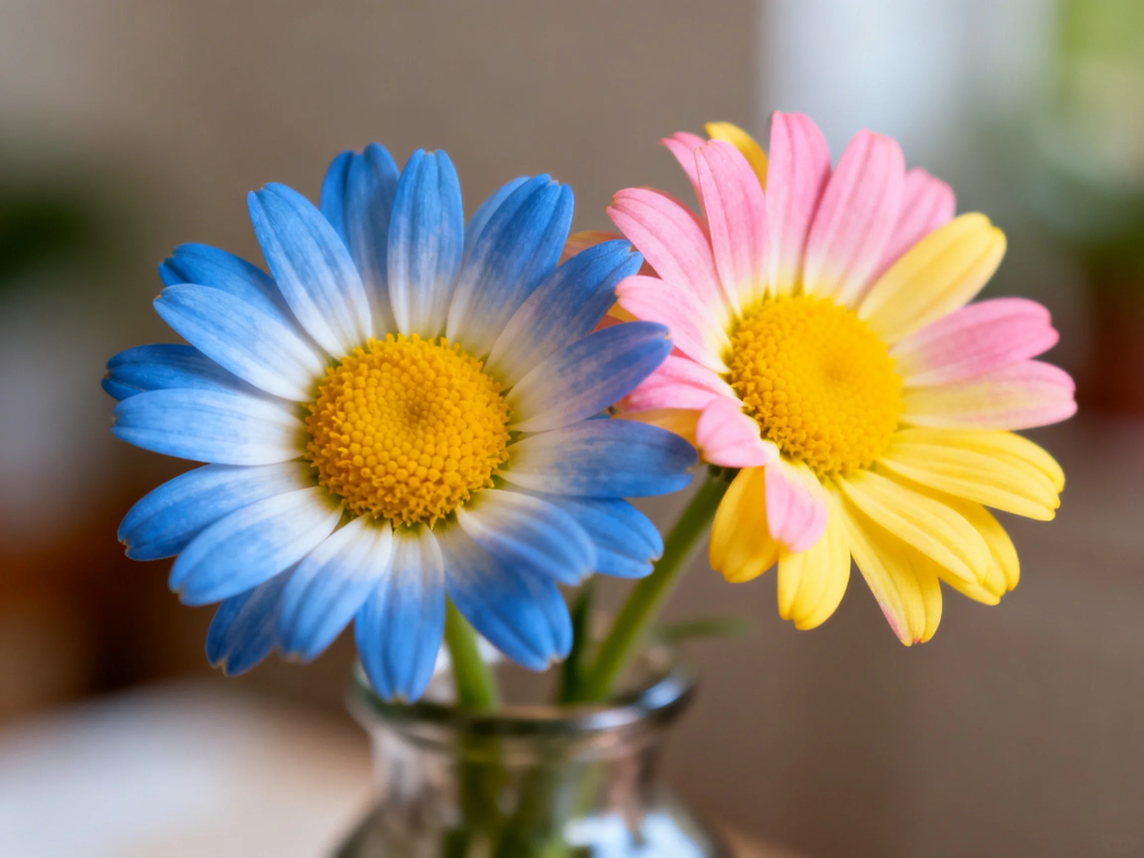Two colorful daisies with blue and pink-yellow petals in a glass vase