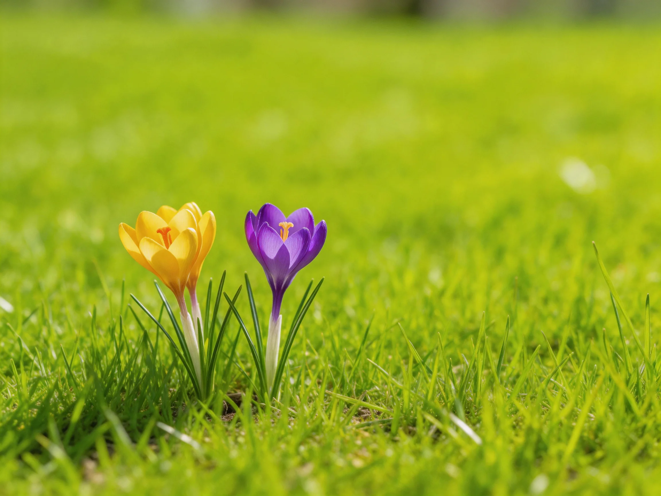 Two crocuses bloom vibrantly amidst lush green grass