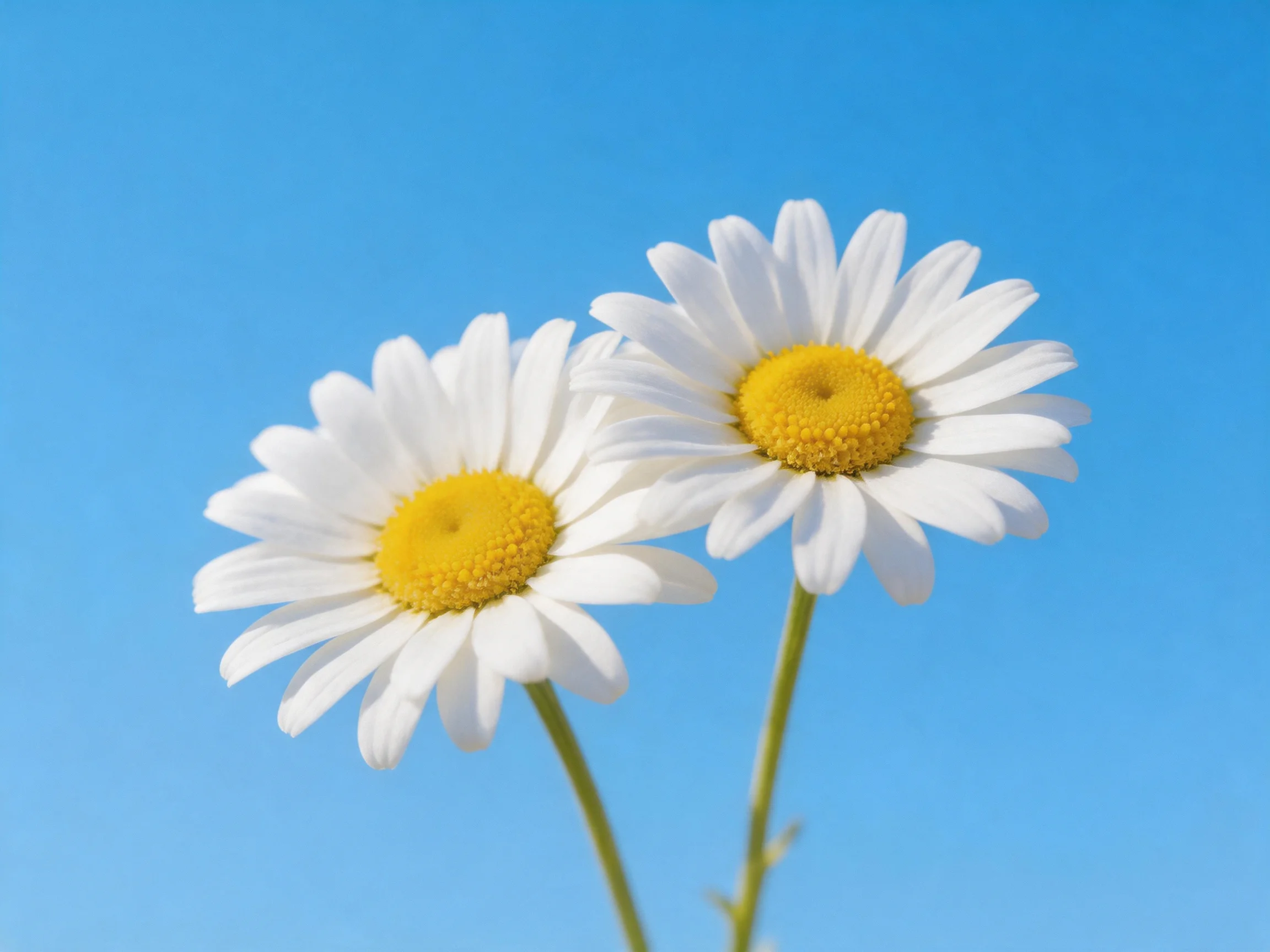 Two daisies with white petals and yellow centers against a clear blue sky