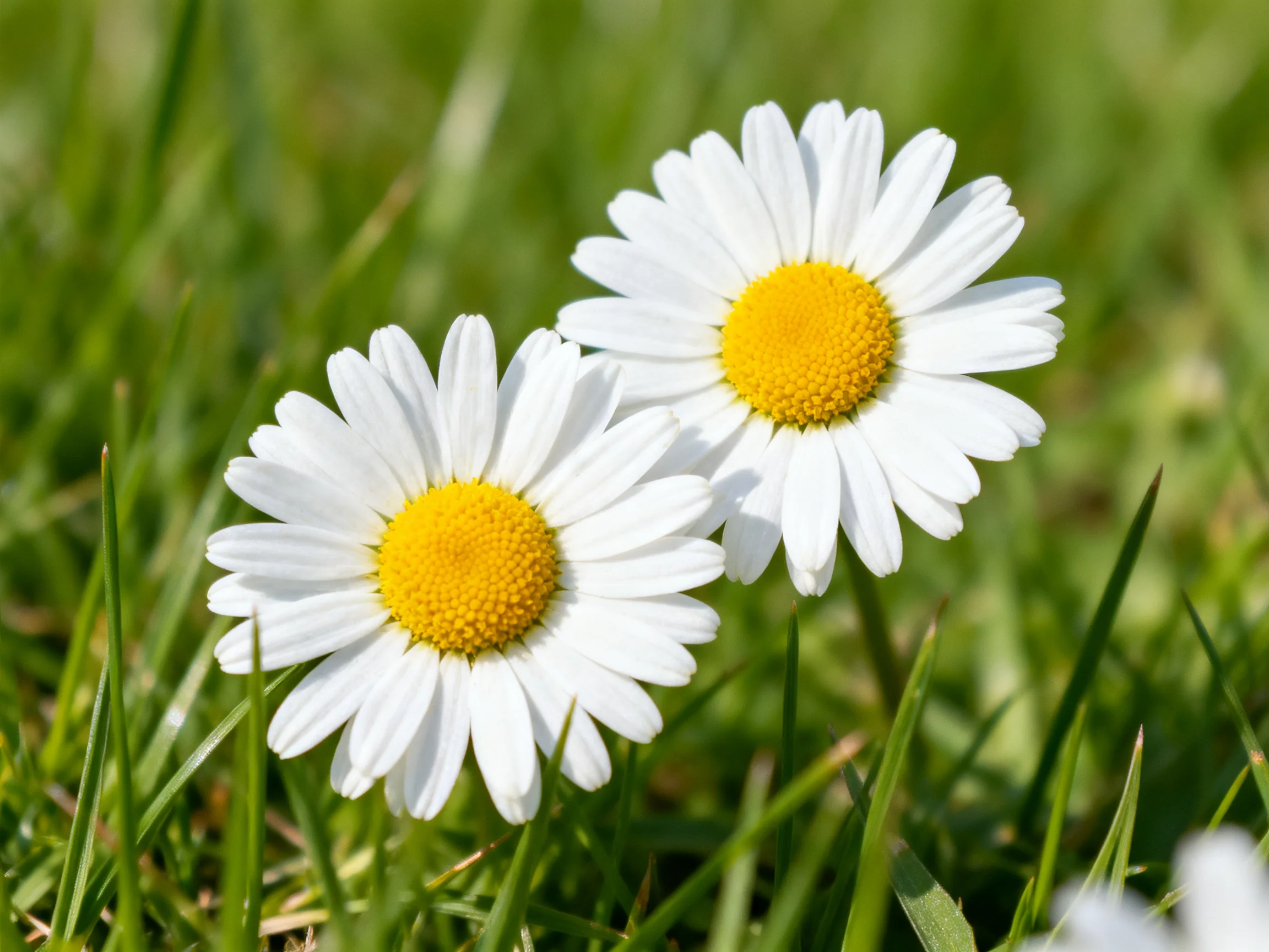 Two daisies with white petals and yellow centers bloom amid green grass