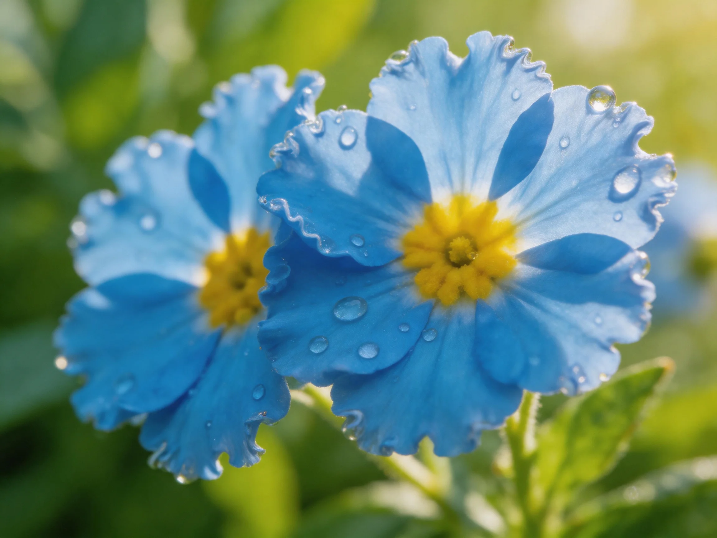 Two delicate blue flowers with dewdrops in a sunlit environment