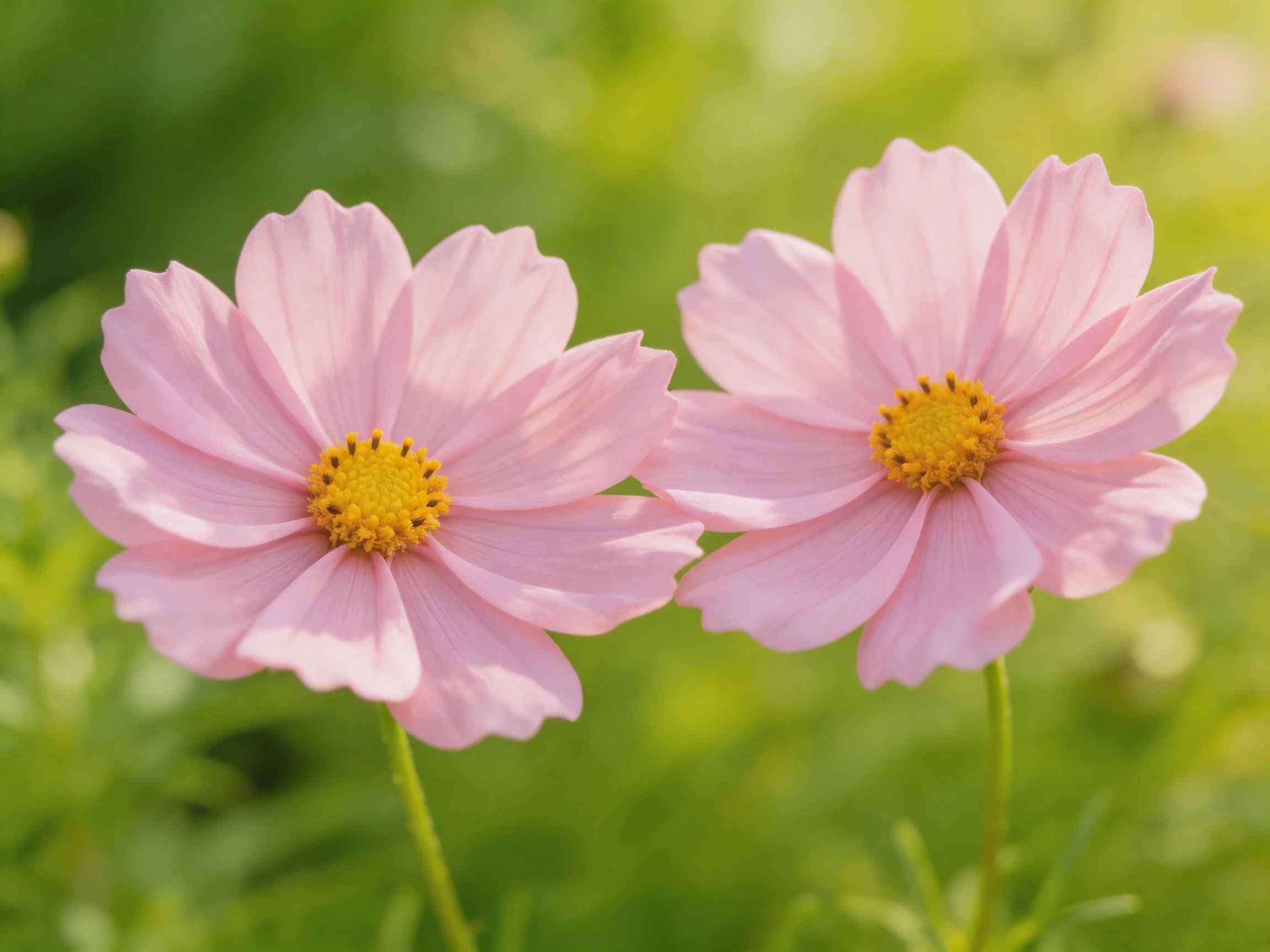 Two delicate pink cosmos flowers with bright yellow centers in a green outdoor scene