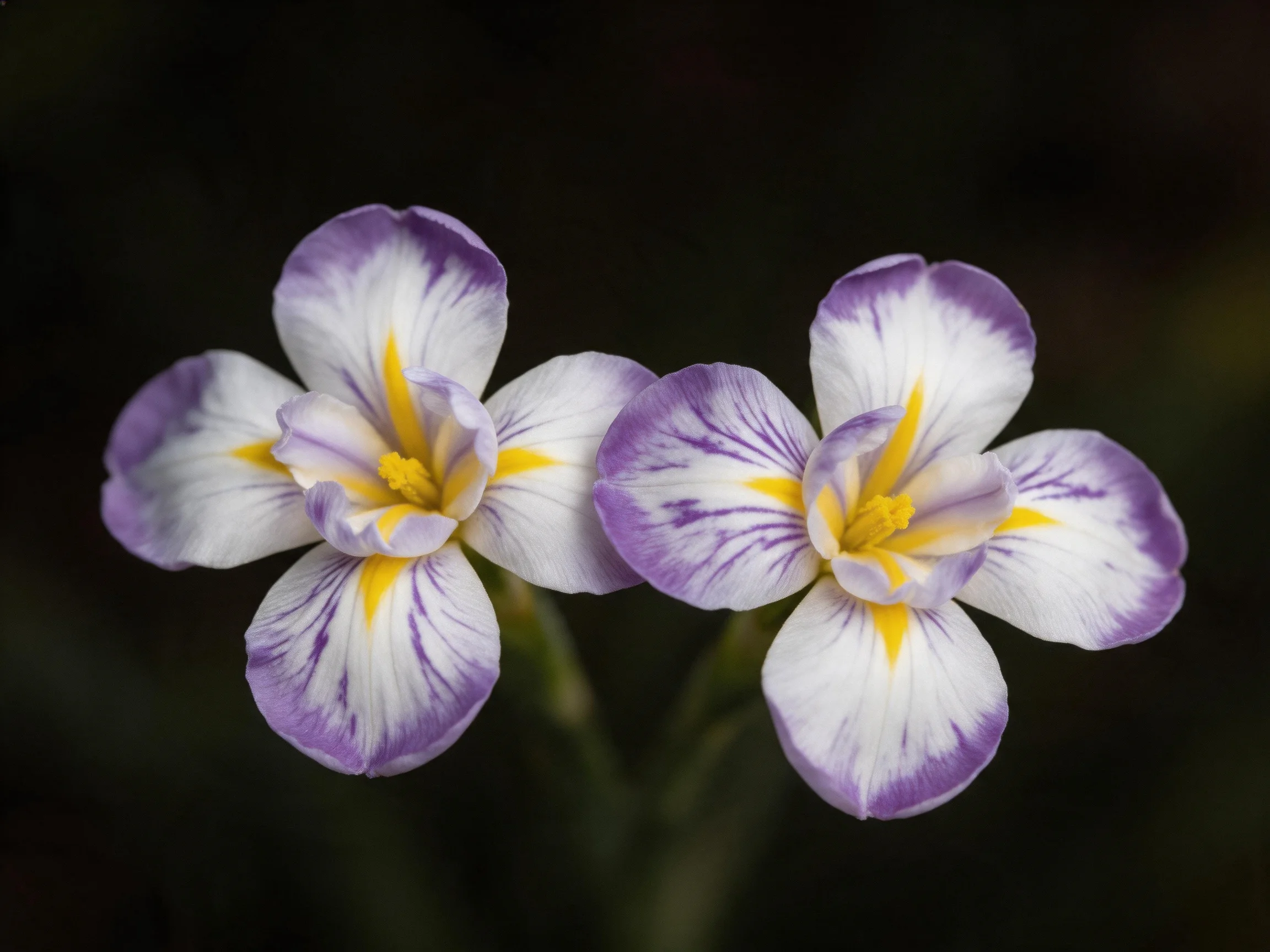 Two delicate purple-and-white flowers with yellow centers against dark backdrop