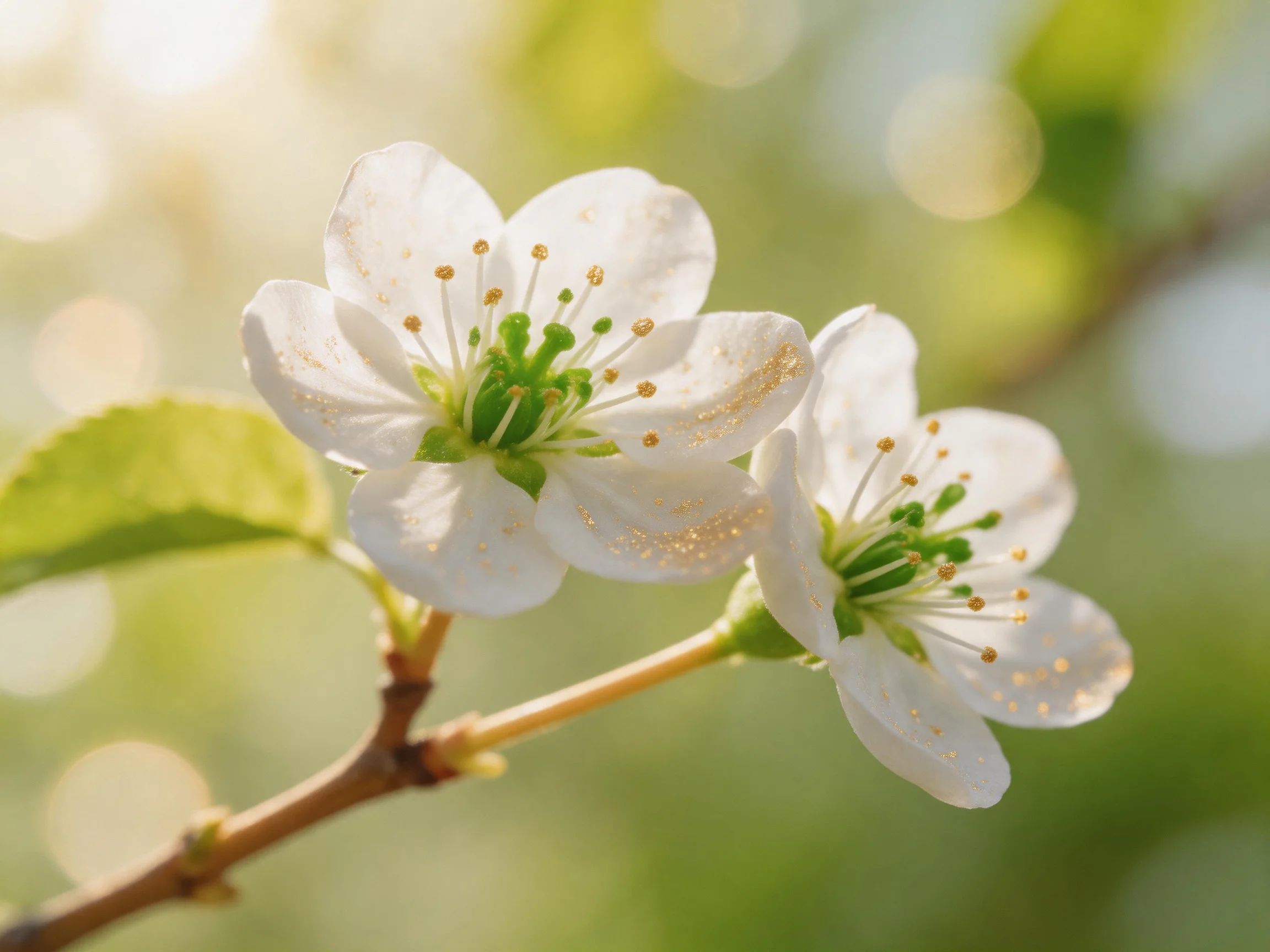 Two delicate white blossoms bloom on a slender branch