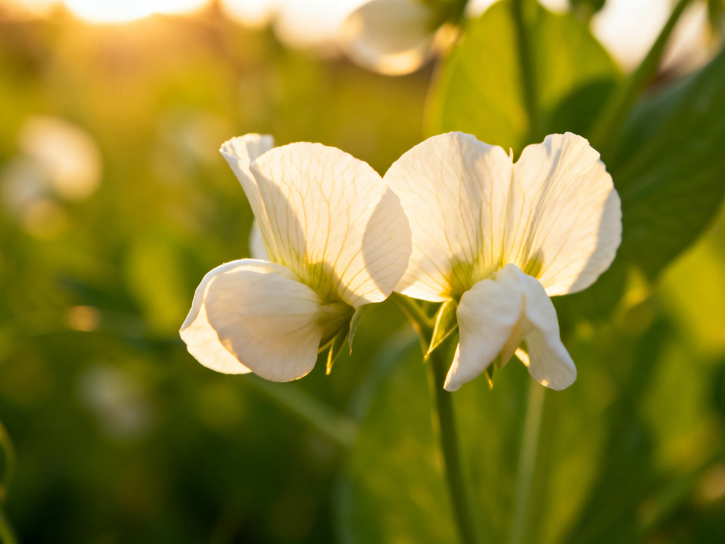 Two delicate white flowers bloom among lush green foliage under golden sunlight