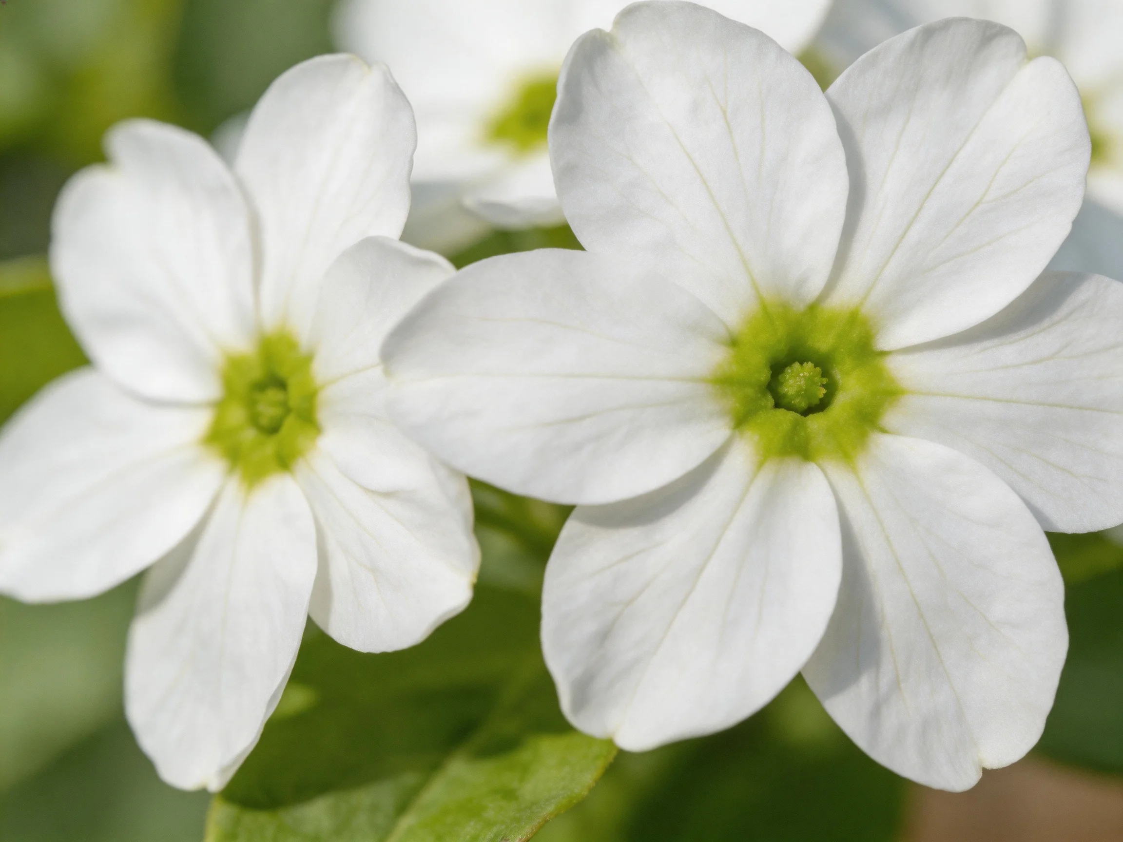 Two delicate white flowers with bright green centers bloom amid green foliage